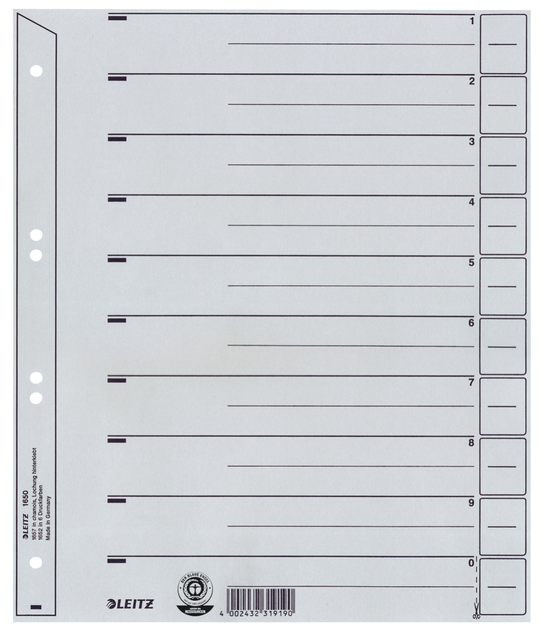 LEITZ Trennblätter 1650 DIN A4 1-0 grau, 200 g/qm, 100 St.