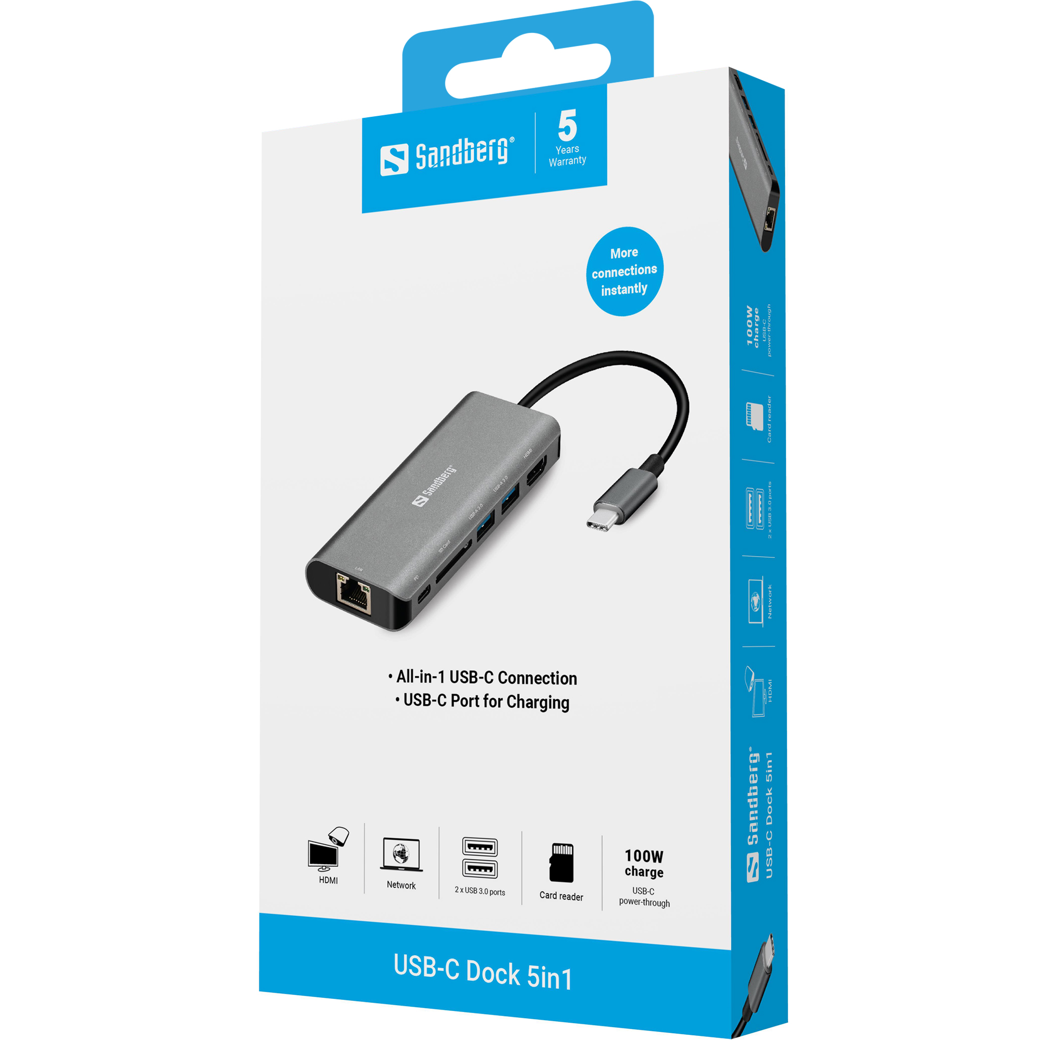 SANDBERG Adapter USB-C Dock HDMI+LAN+SD+USB,61W