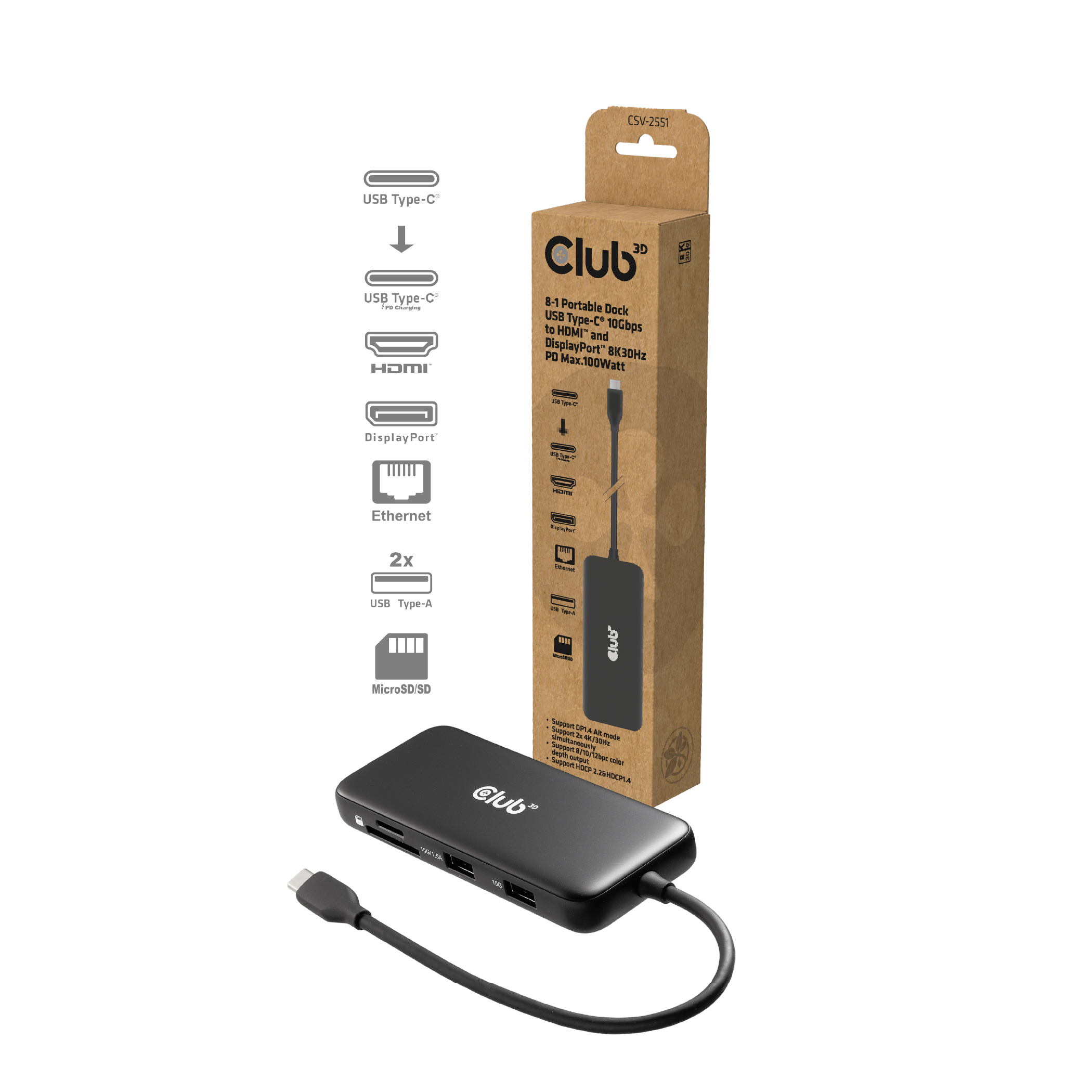 Club3D USB-C 8in1-HUB >DP1.4/HDMI2.0/USB-C/LAN 8K30Hz PD100W retail