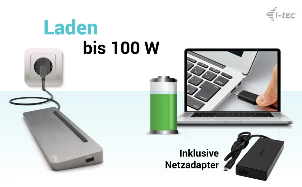 I-TEC USB-C Metal Ergonomic 4K 3x Display Docking Station with PD 100 W + i-tec Universal Charger 100W bundle