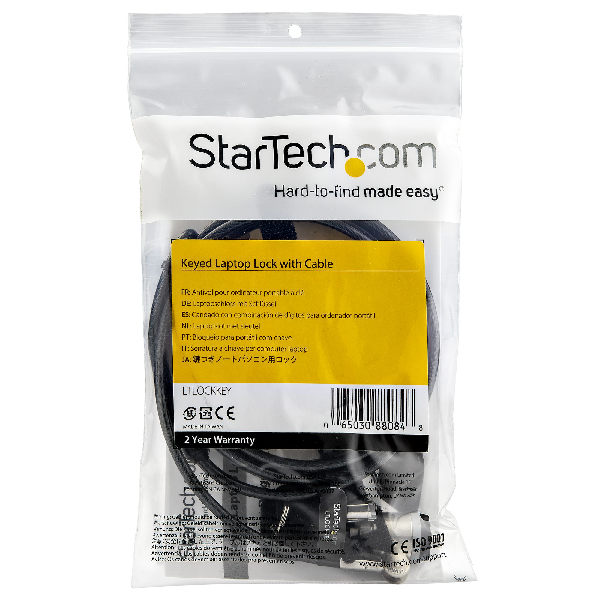 STARTECH.COM Keyed Cable Lock - Push-to-Lock Button - 2 m Steel Cable - Locking Cable for Laptop - Computer Cable Lock