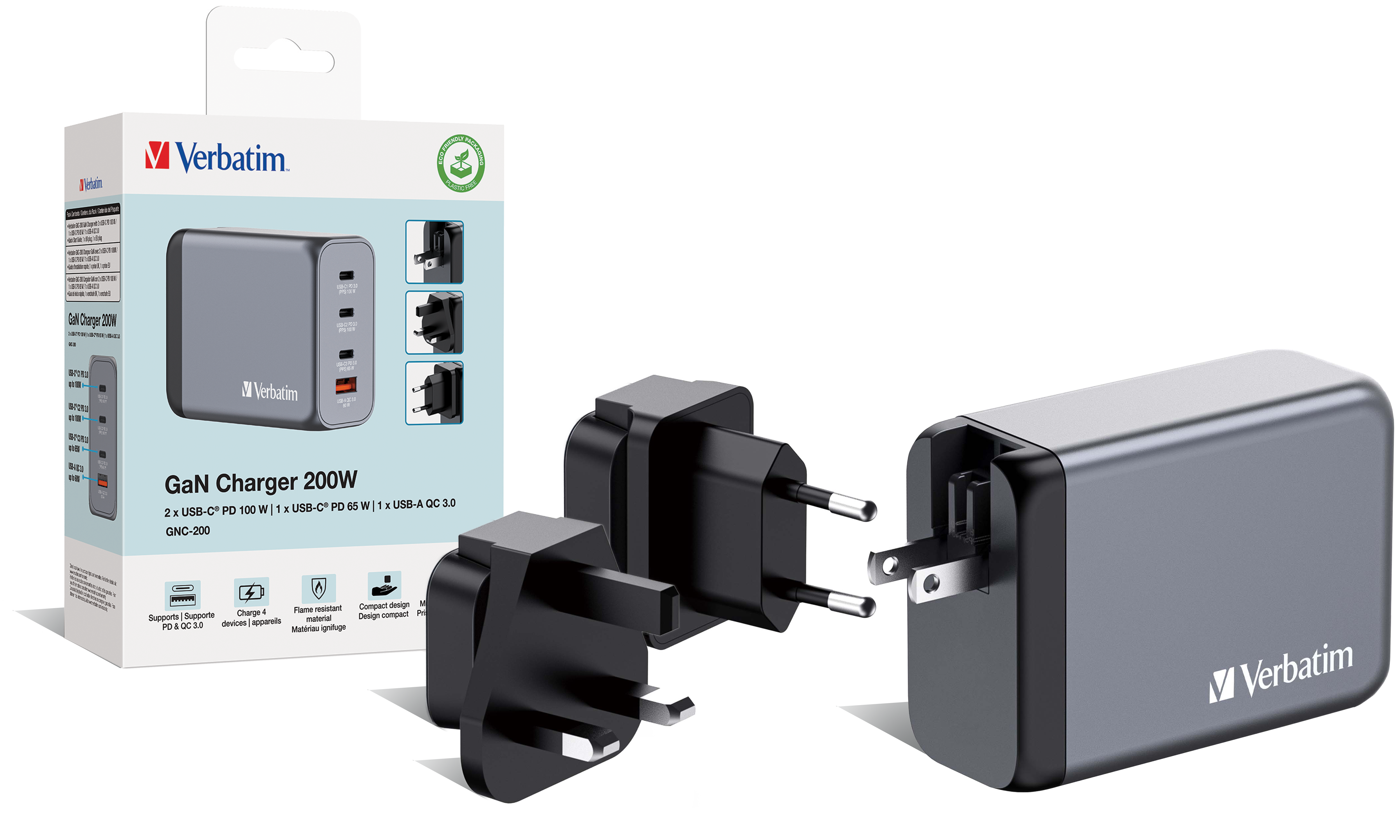 Verbatim GNC-200 GaN Charger 4 Port 200W USB A/C (EU/UK/US