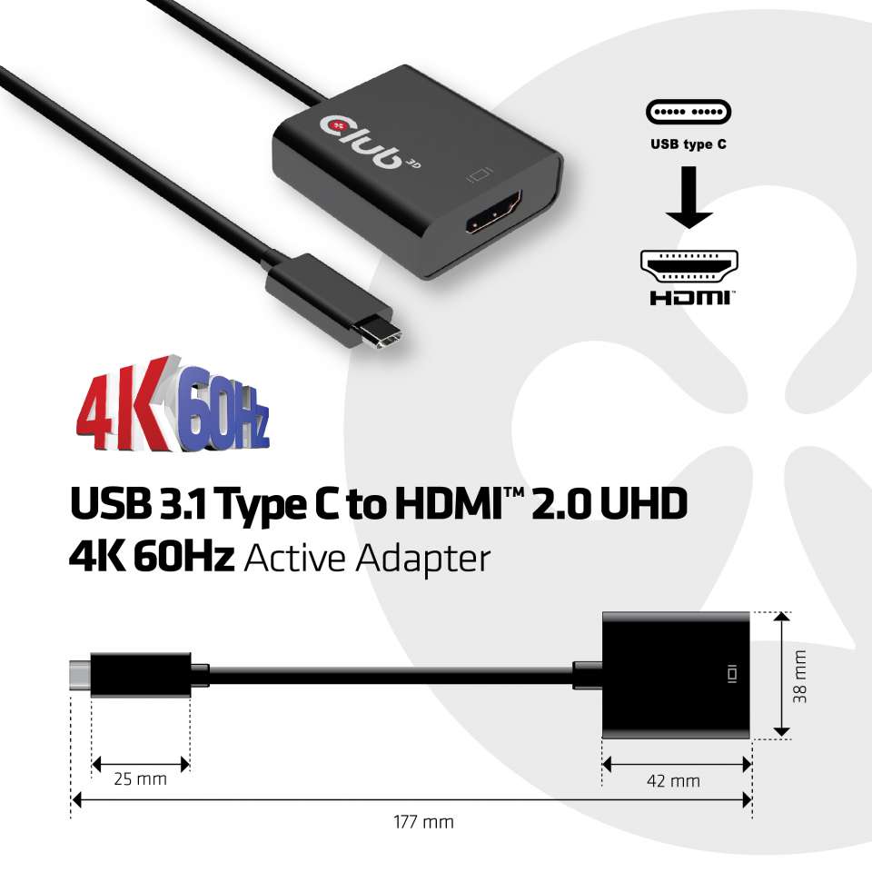 Club3D Adapter USB 3.1 Typ C > HDMI 2.0 UHD HDR aktiv St/Bu Polybeutel