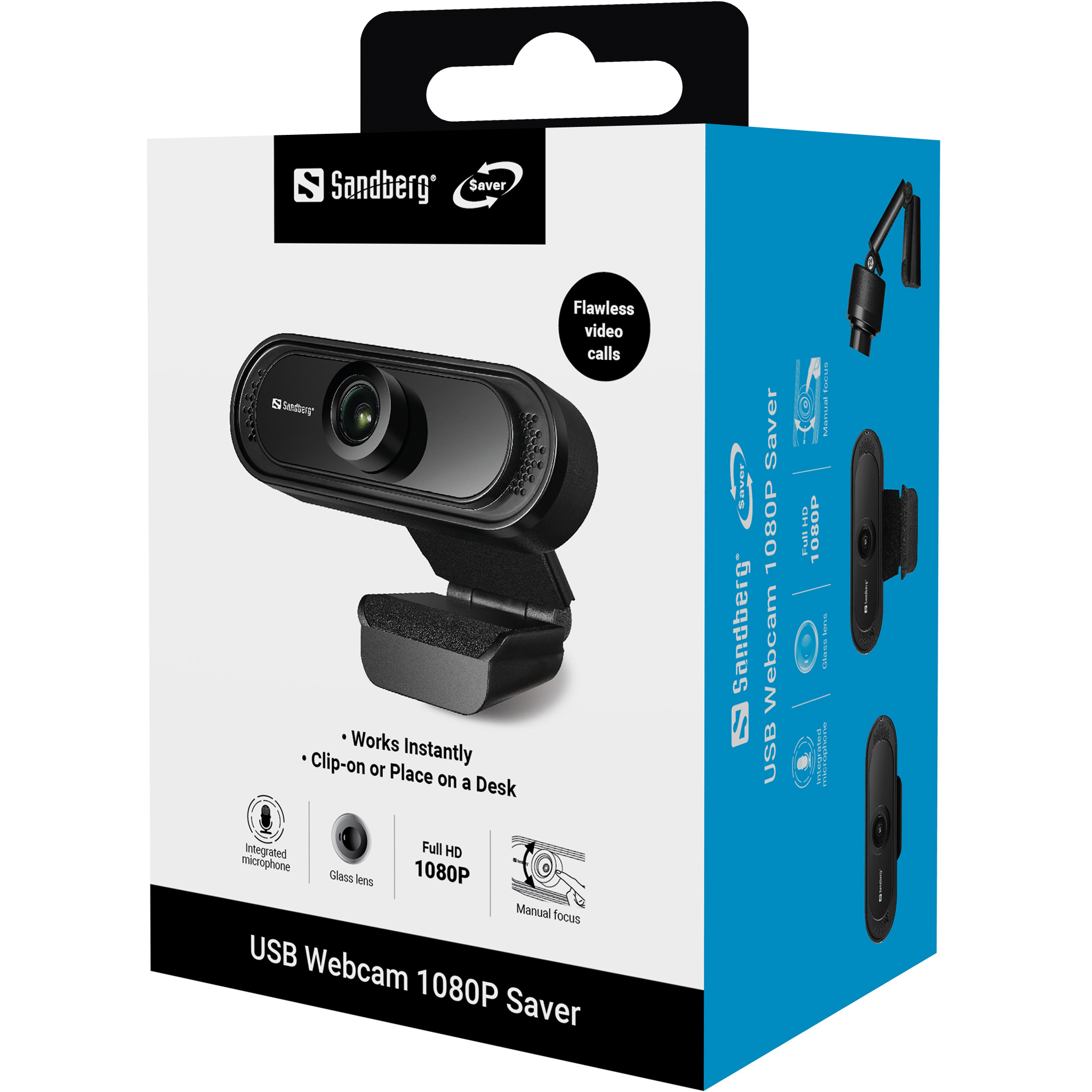 SANDBERG USB Webcam 1080P Saver. Keine Treiberinstallation. Mit Klemme fuer Bildschirm. Stereomikrofon eingebaut.