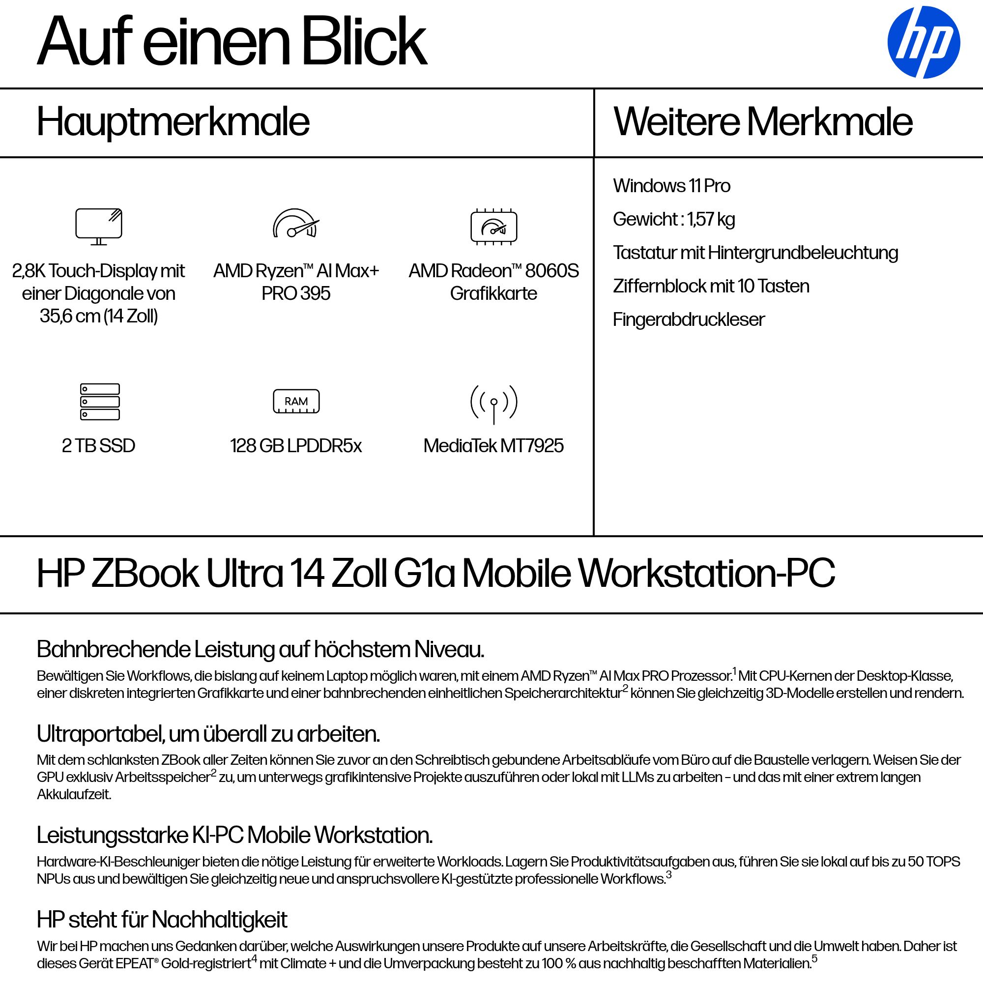 HP ZBook Ultra 14 G1a AMD Ryzen AI Max+ PRO 395 35.56cm 35,56cm 14Zoll WUXGA 128GB 2TB/SSD W11P 3J Gar (DE)