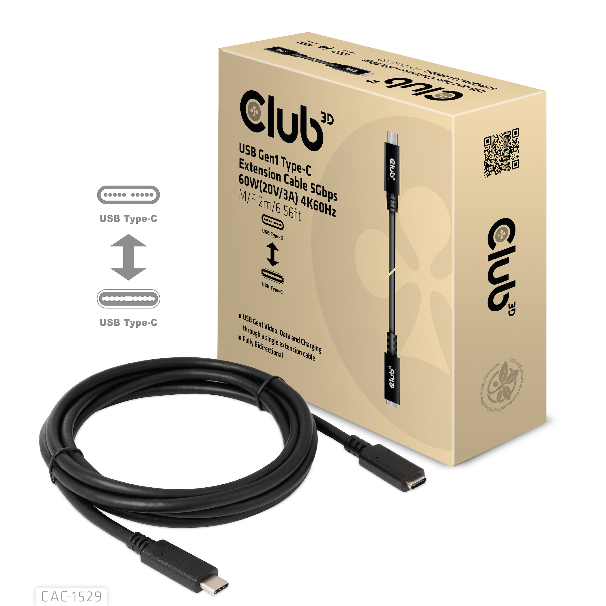 Club3D Kabel USB 3.2 Typ C 2m Verlängerung 5Gbps St/Bu retail