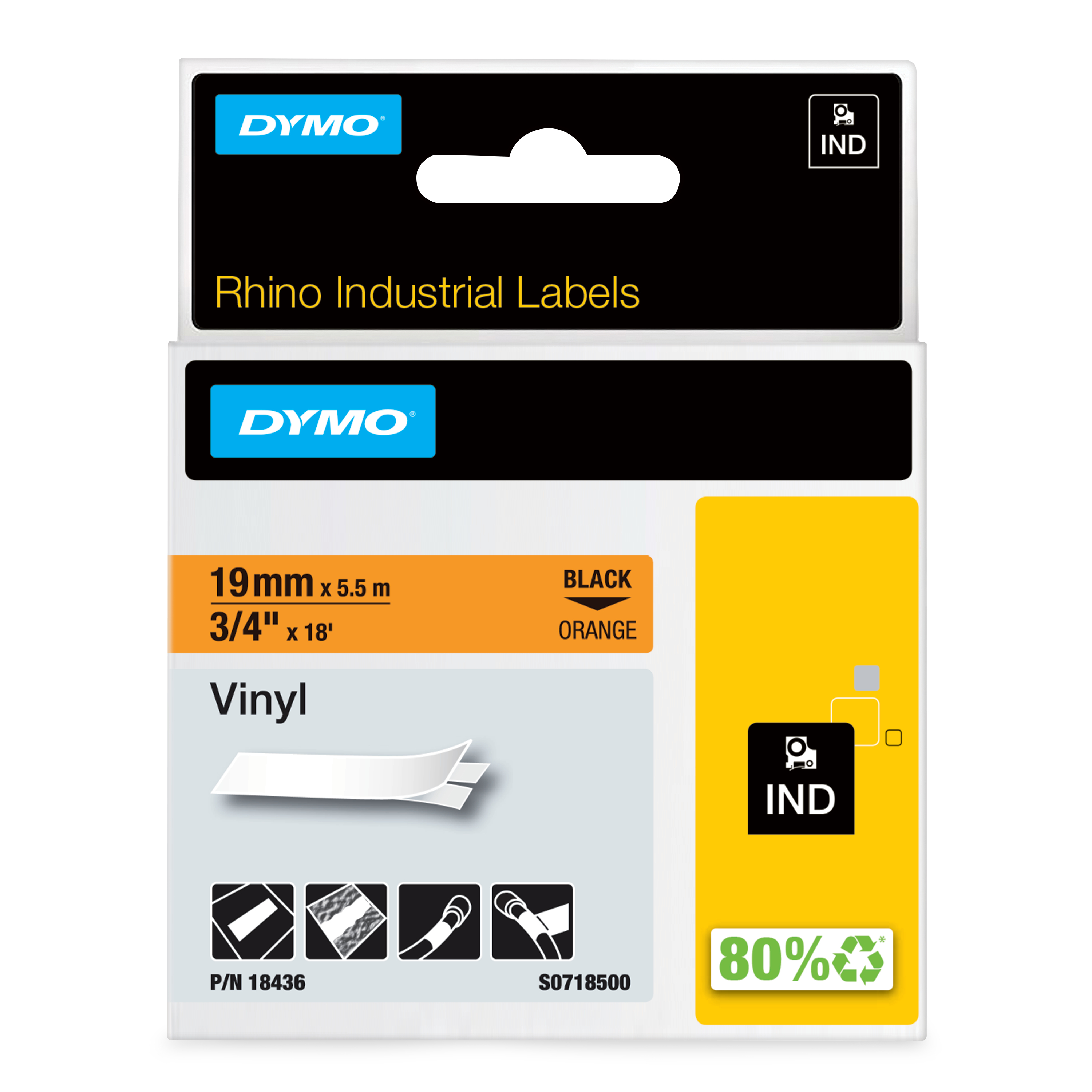 DYMO Schriftband RHINO 18436, 19 mm, schwarz auf orange, 1 St.