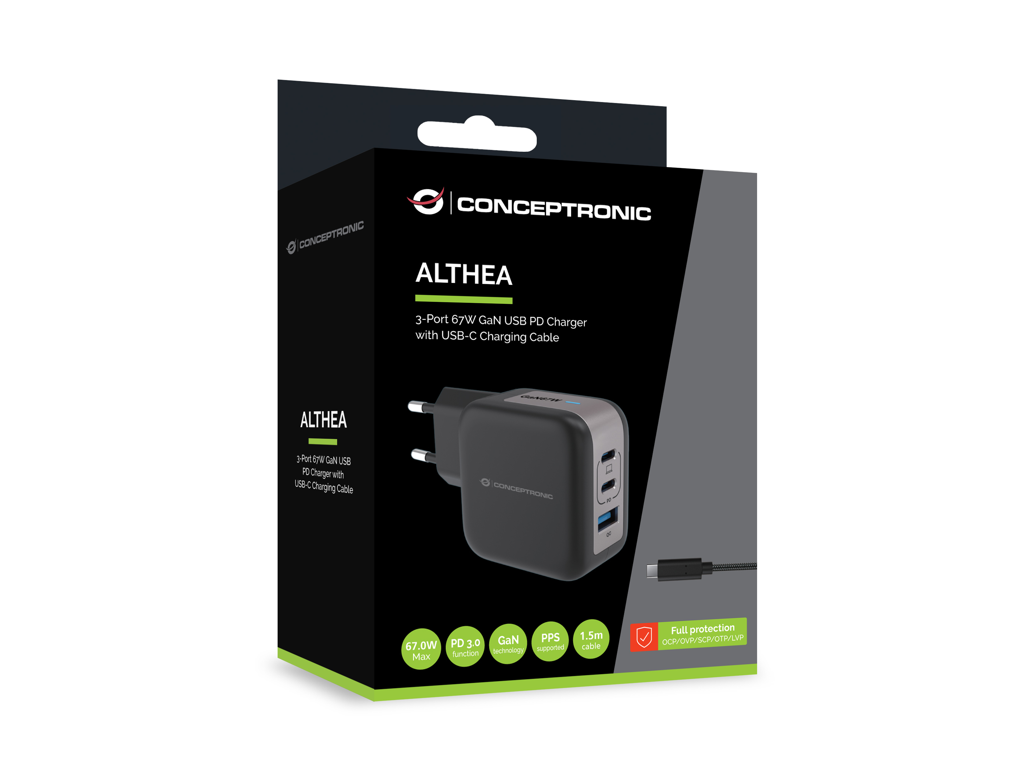 CONCEPTRONIC Ladegerät 3Port GaN 2xUSB-C/1xA 67WPD3.0/PPS sw