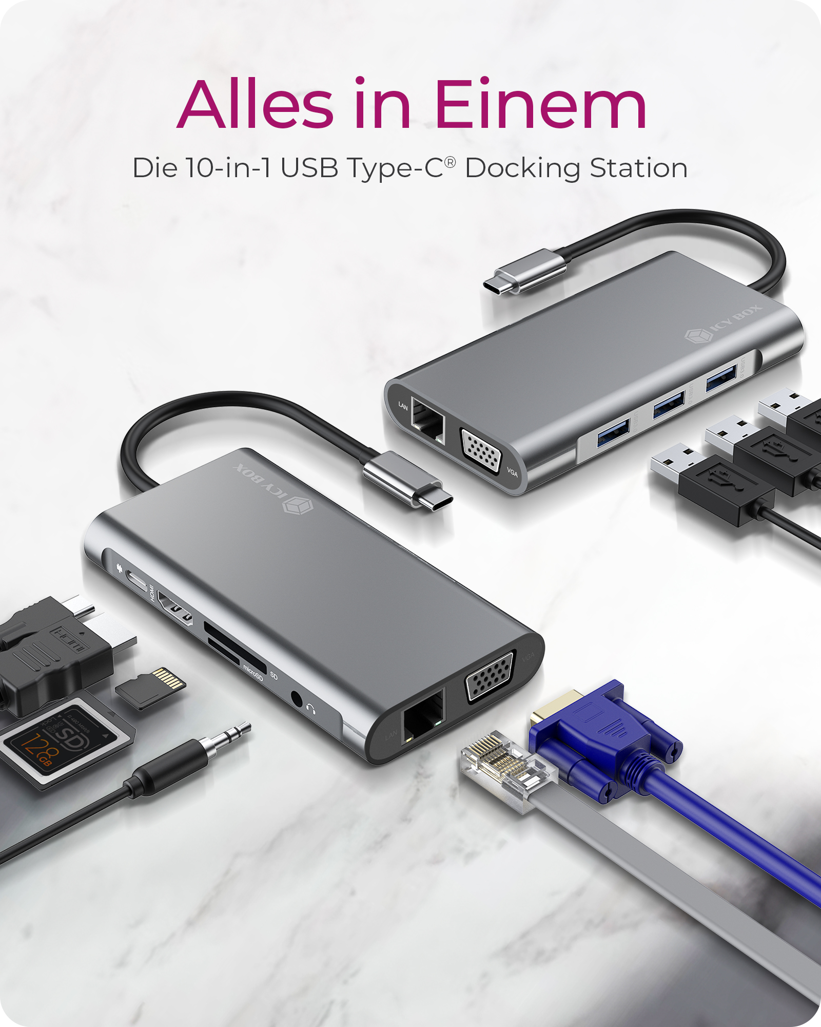 Dockingstation IcyBox USB-C -> USB3.0/HDMI/VGA/LAN/SD/mSD/