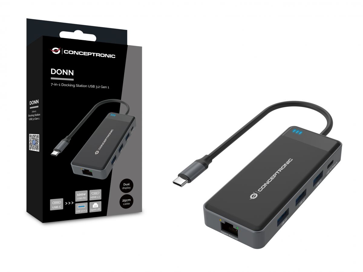 CONCEPTRONIC 7-1 Dock USB-C->2xHDMI/3xUSB-A/GbE/+ 25cm gr