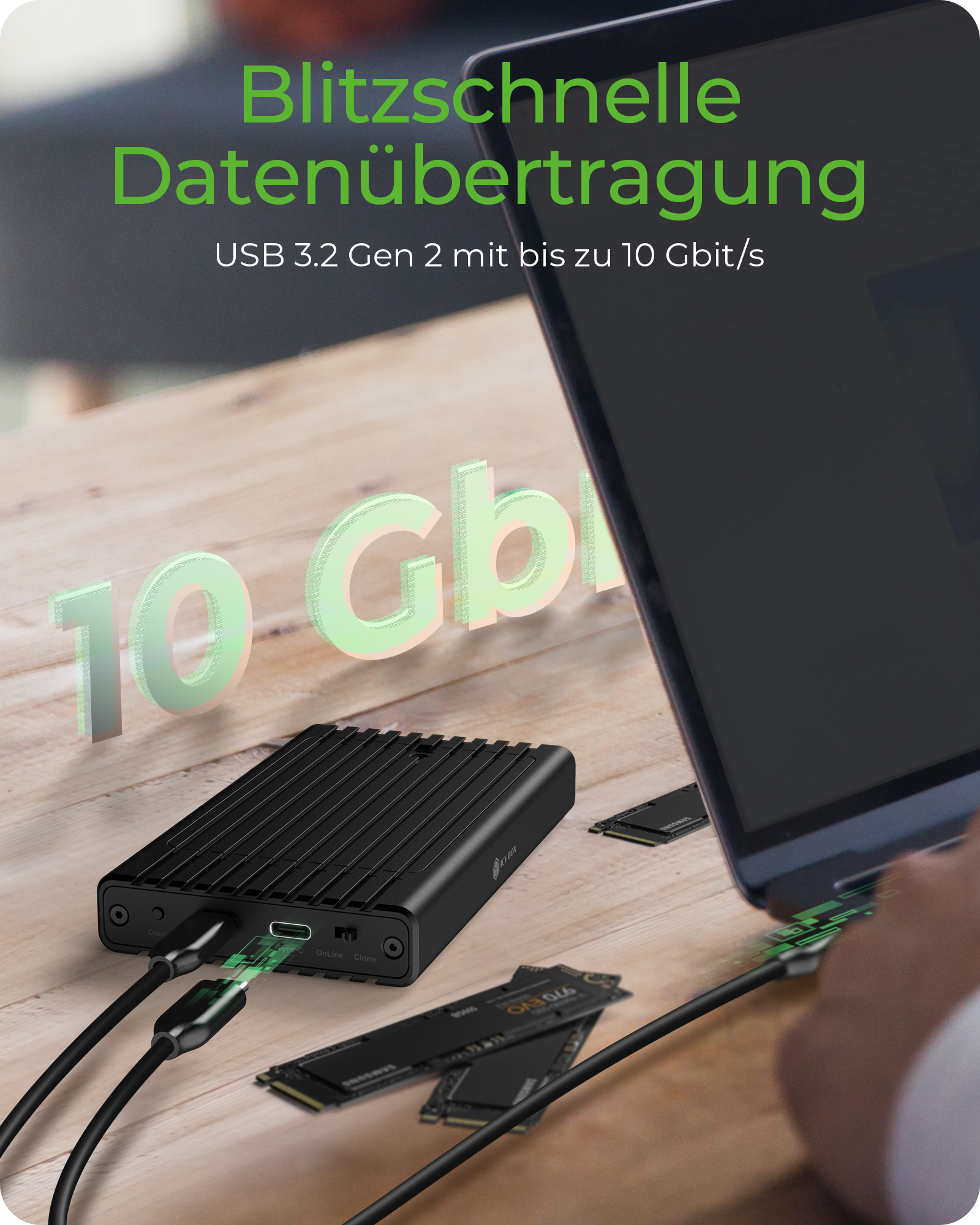 Geh. IcyBox mit Klonfunktion für M.2 NVMe SSDs USB3.2 Gen2 retail