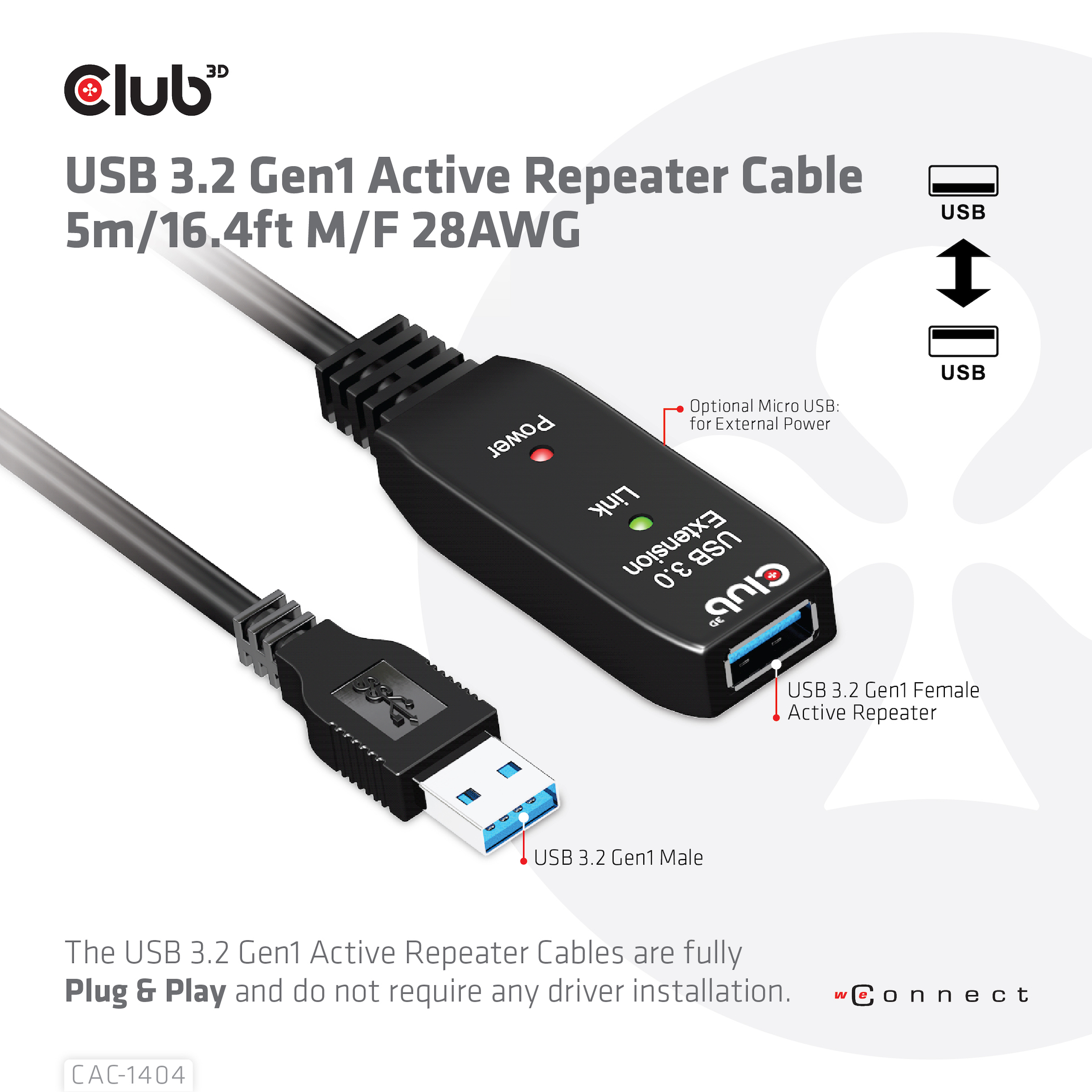 Club3D USB 3.2 A Verlängerungskabel 5m aktiv 5 Gbps St/Bu retail