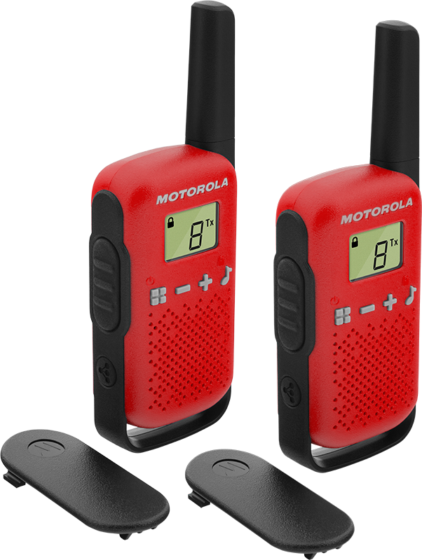 MOT Talkabout T42 Doppelpack Farbe rot HFG PMR446 Display inkl. 2 Funkgeräte + 2 Gürtelclip + 16 Aufkleber zum Personalisieren + BDA