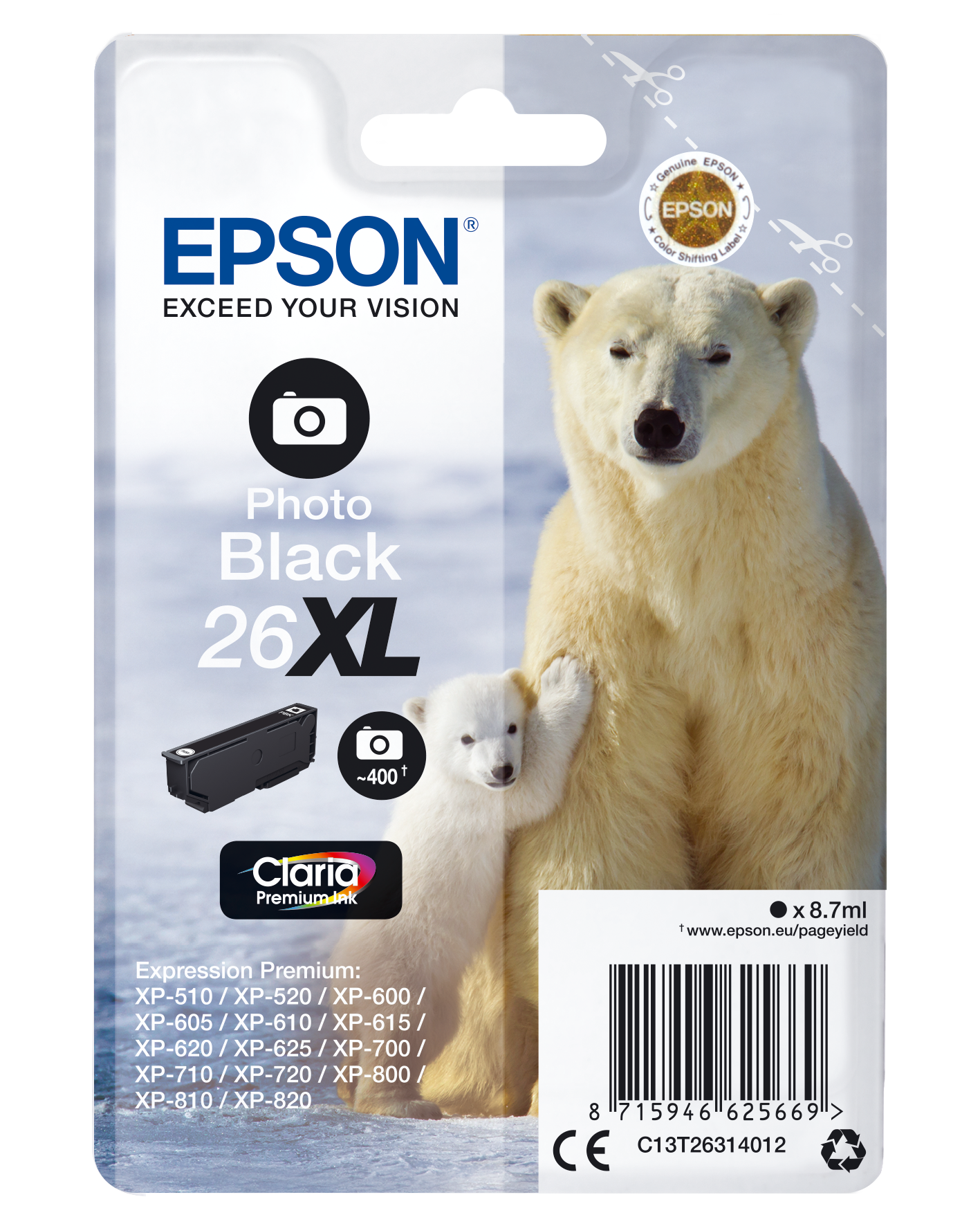 EPSON 5LB 26XL ink cartridge photo black high capacity 8.7ml 400 photos 1-pack blister without alarm