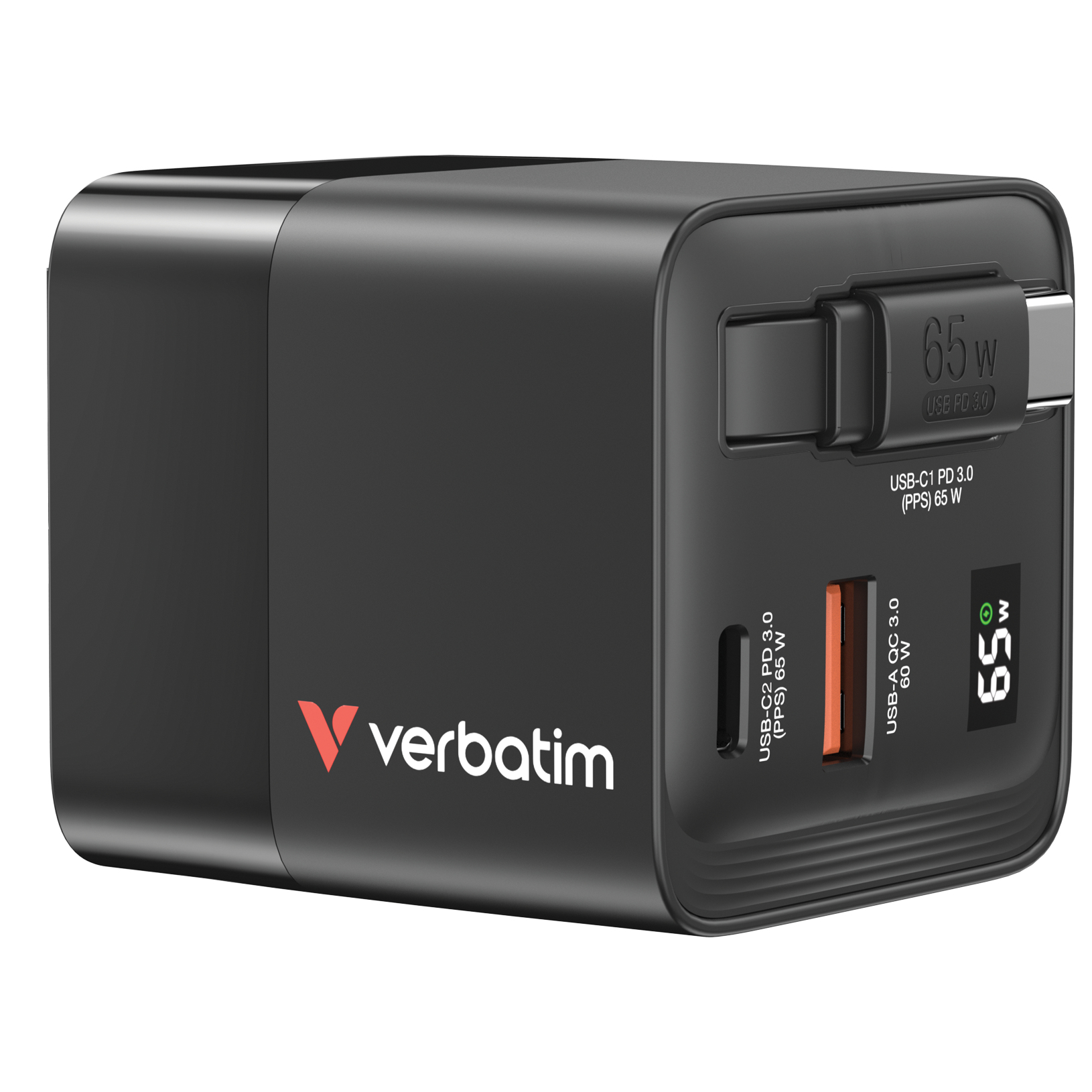 Verbatim Gan Charger 65W 2xUSB-C PD,1xUSB-A, retrac. Cable 32217