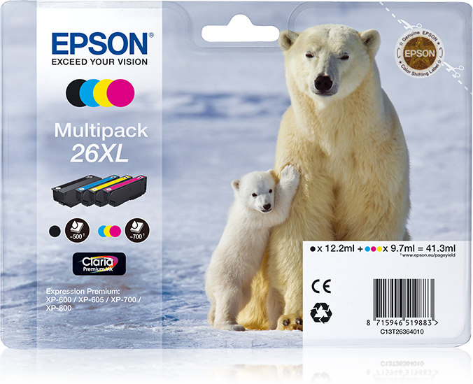 EPSON 26XL / T2636XL (Eisbär) schwarz, cyan, magenta, gelb Druckerpatronen, 4er-Set