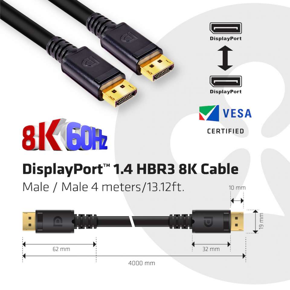 Club3D DisplayPort-Kabel 1.4 HBR3 32,4Gb/s 4m 8K60Hz St/St retail