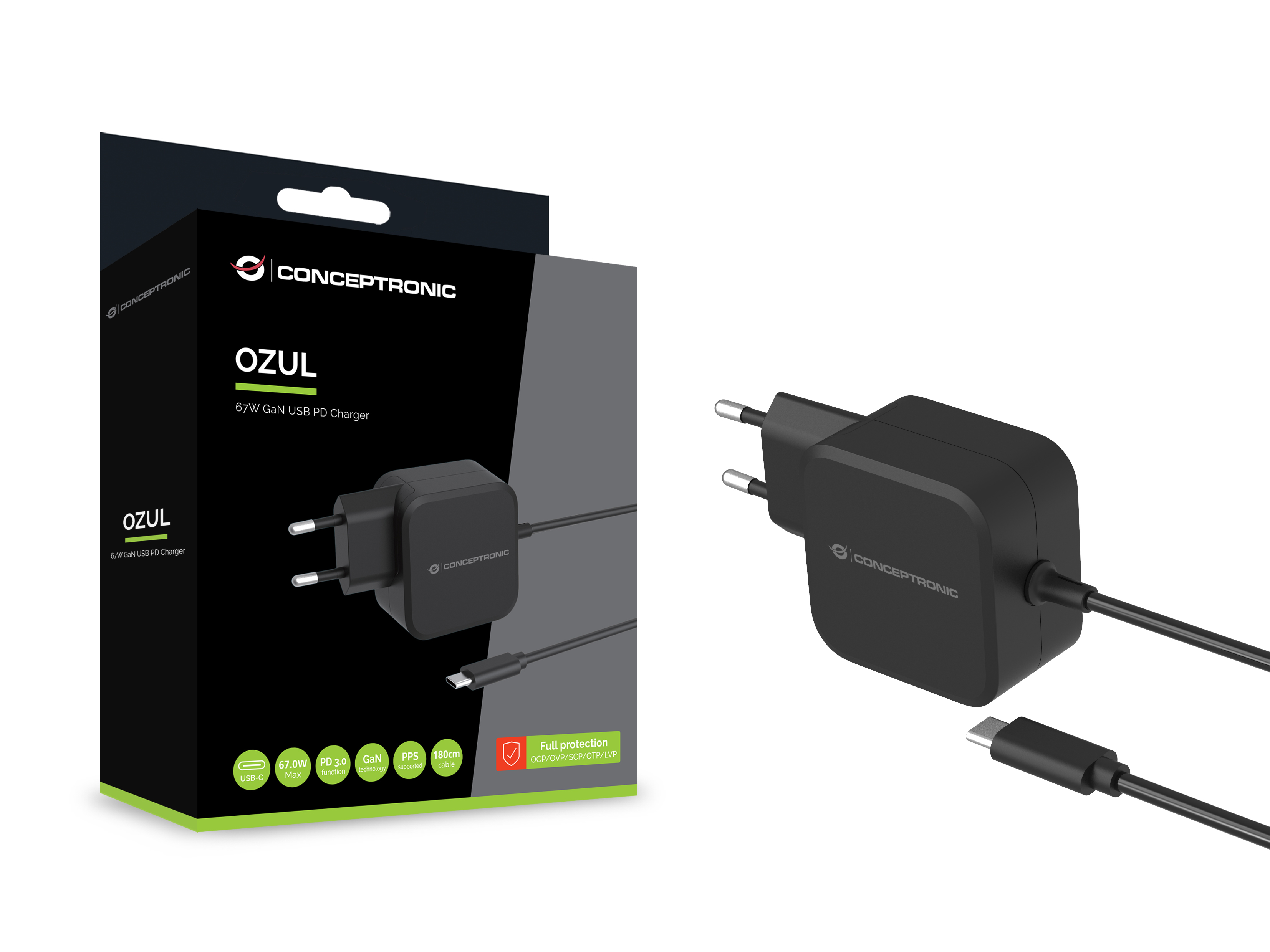 CONCEPTRONIC Ladegerät 1Port GaN USB-C Desk 67WPD3.0/PPS sw