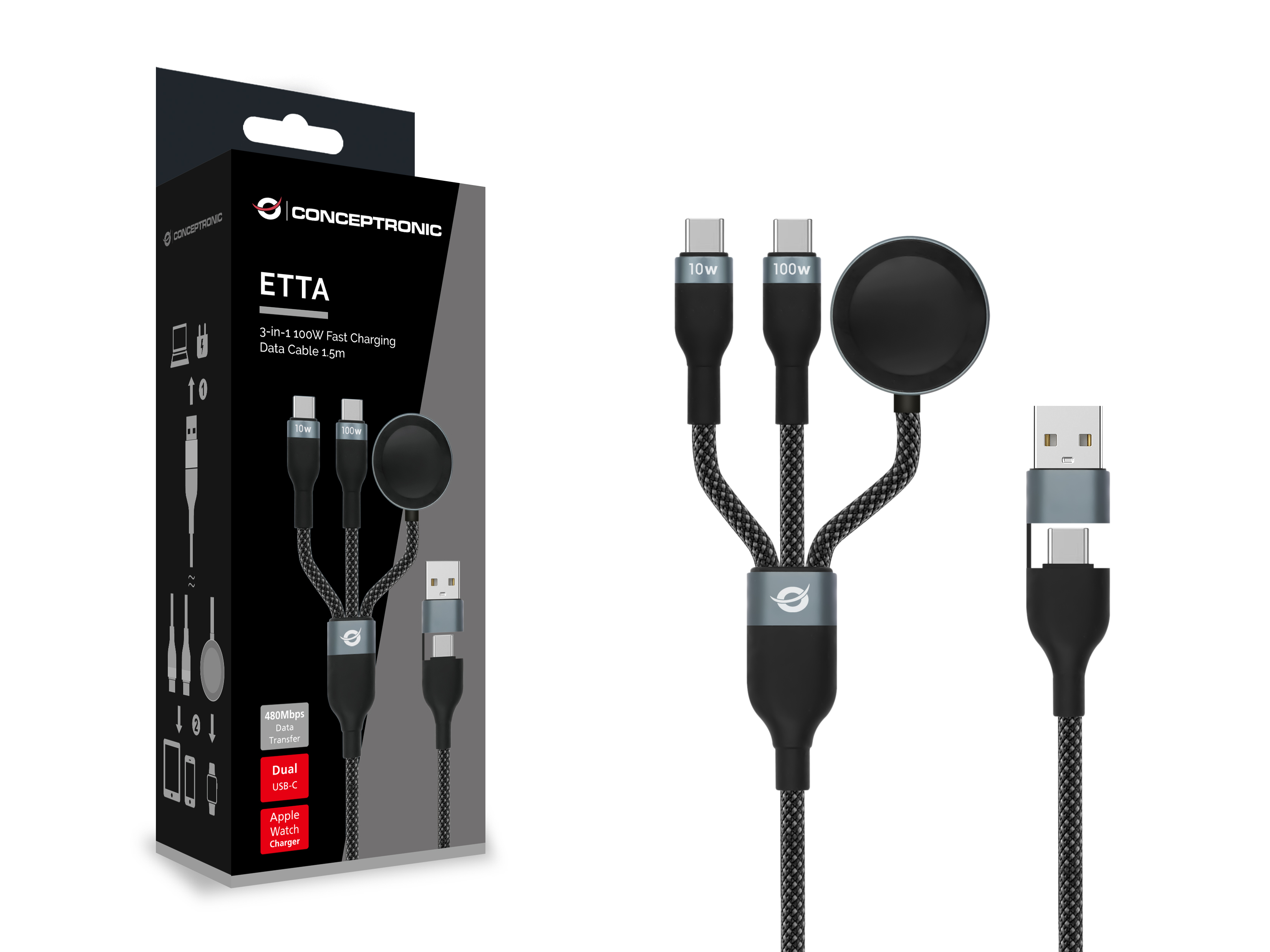 CONCEPTRONIC Kabel USB-C/-A2.0->USB-C/AWC/PD 480Mbs 1.50m sw