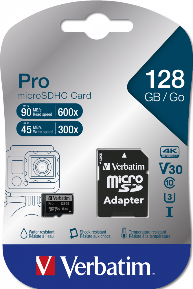 SD MicroSD Card 128GB Verbatim SDHC Pro Class 10 + Adapter retail