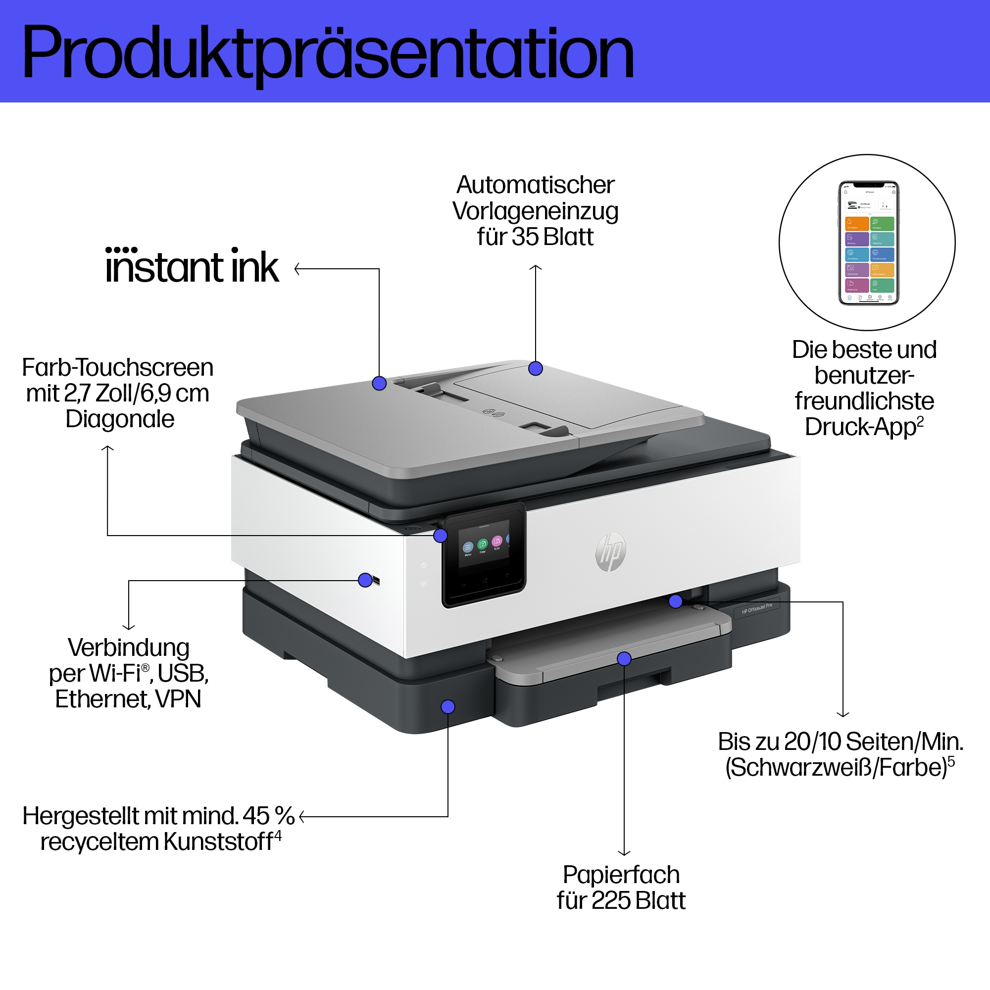 HP OfficeJet Pro 8132e All-in-One 4 in 1 Tintenstrahl-Multifunktionsdrucker grau, HP Instant Ink-fähig