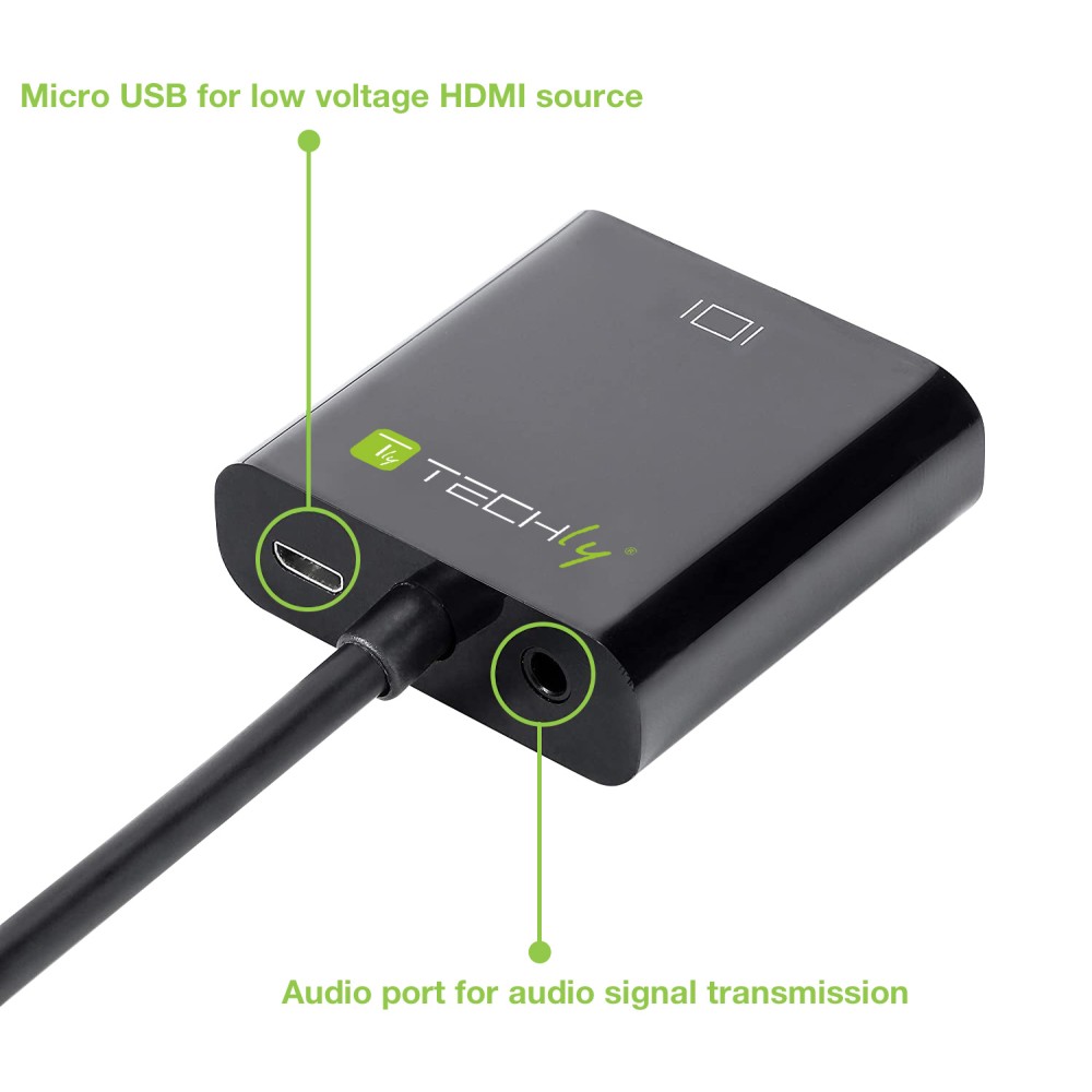 TECHLY HDMI auf VGA Konverter mit Audio und Micro USB HDMI Stecker auf VGA Buchse schwarz im hochwertigen Polybag