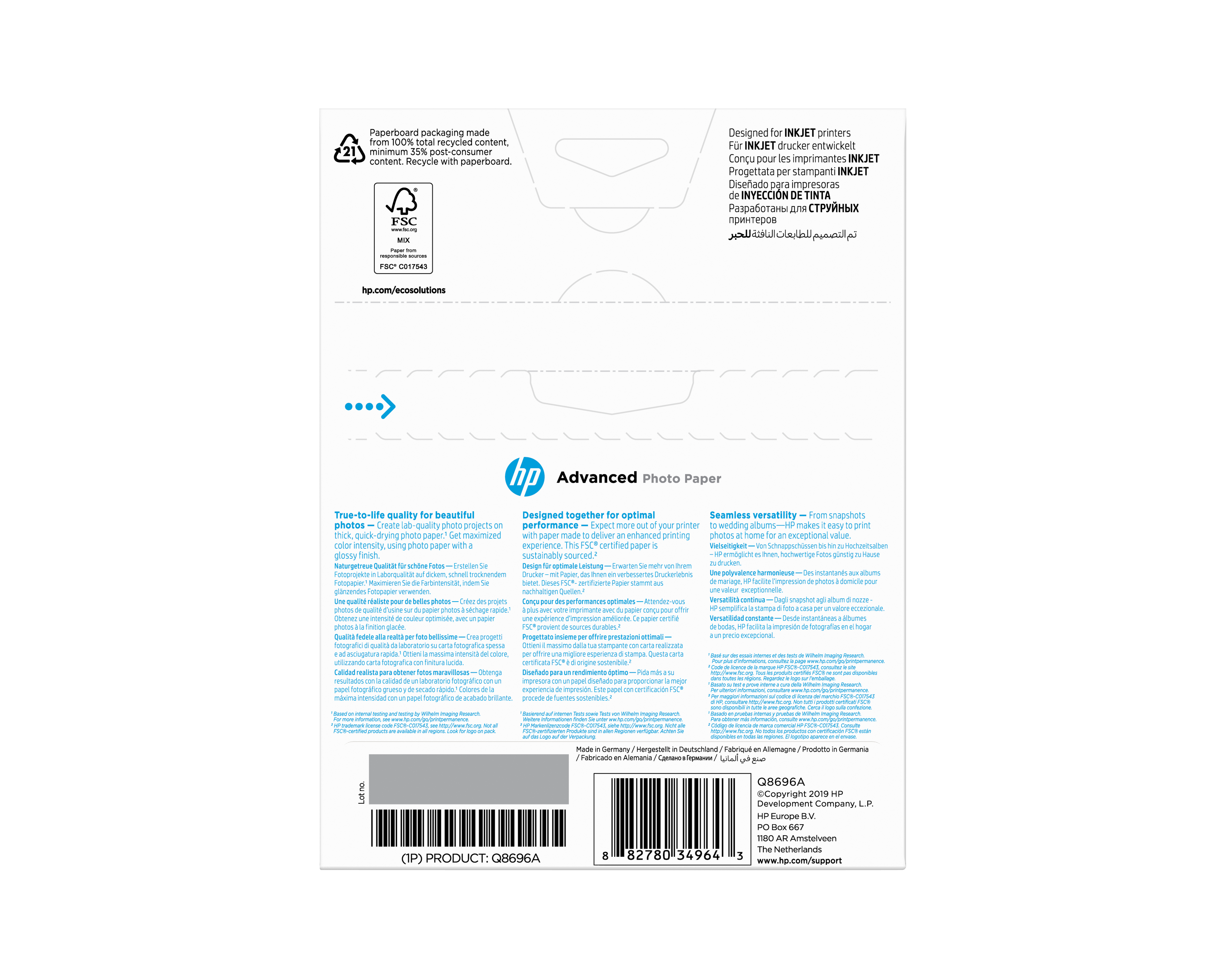 HP original Advanced glossy photo paper Ink cartridge Q8696A 250g/m2 130x180mm 25 sheets 1-pack borderless