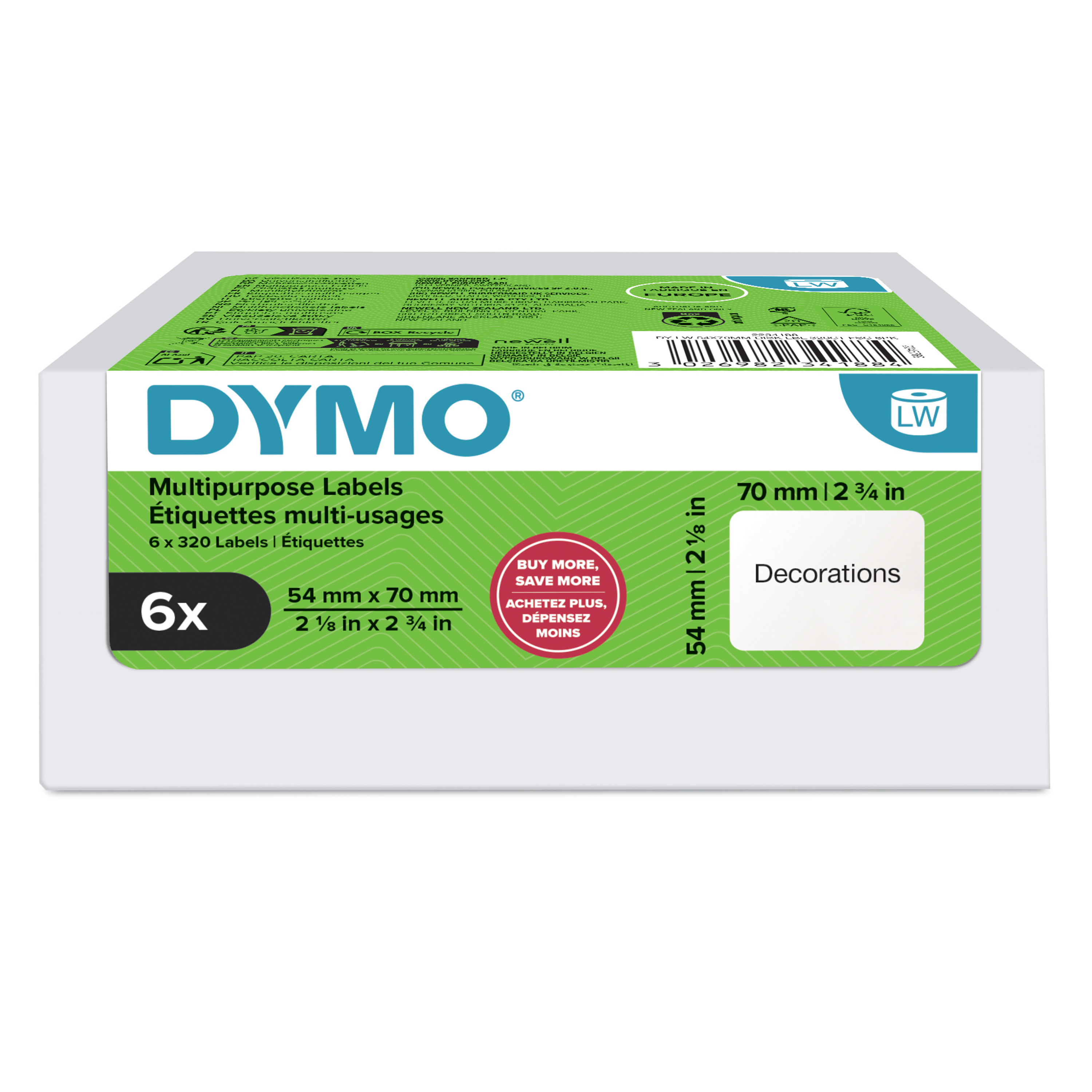 DYMO Etikettenrolle für Etikettendrucker weiß, 54,0 x 70,0 mm, 6 x 320 Etiketten