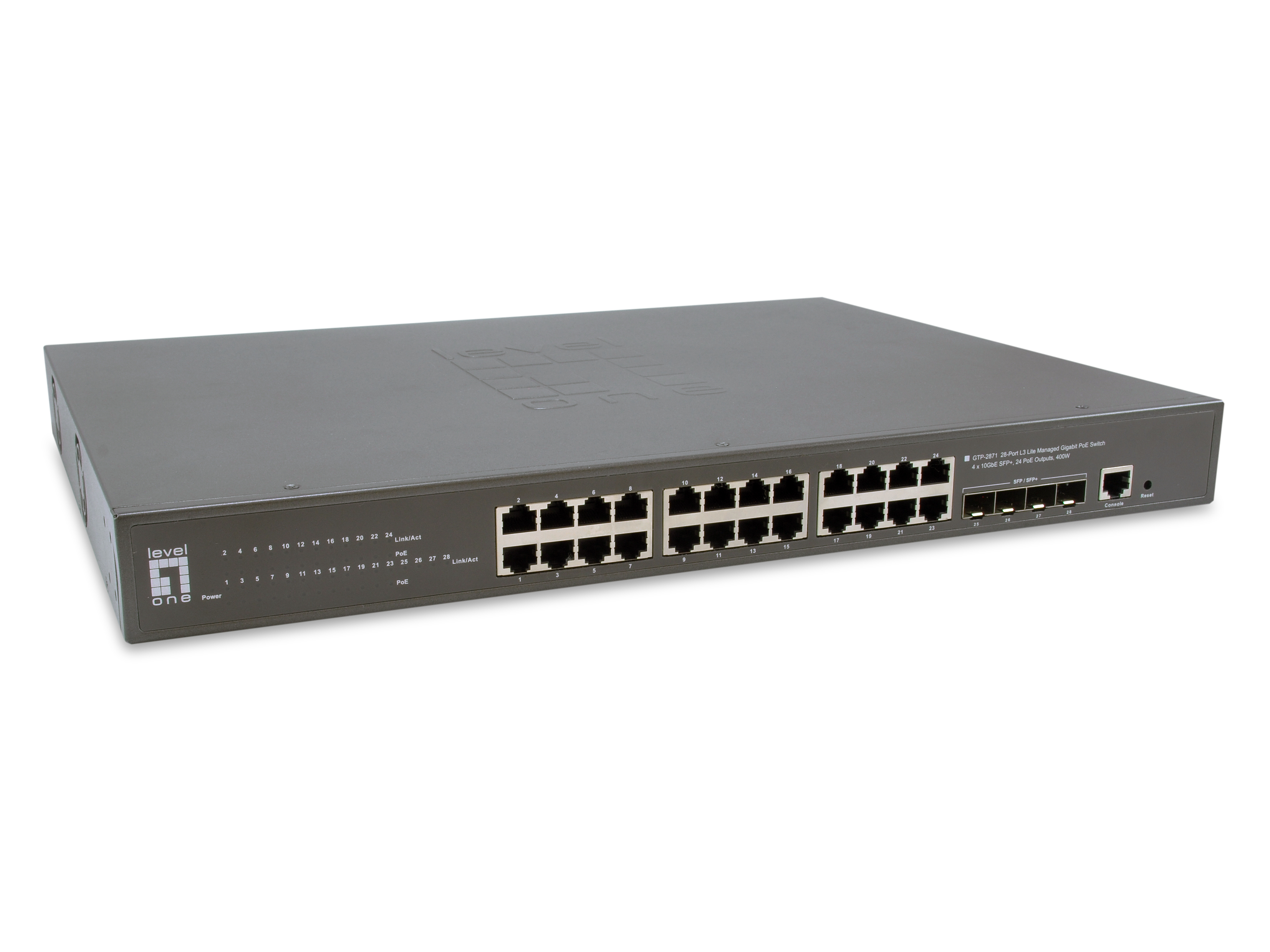 LevelOne PoE+Switch 24xGE PoE/4x10GSFP+ 400W 19 Managed L3