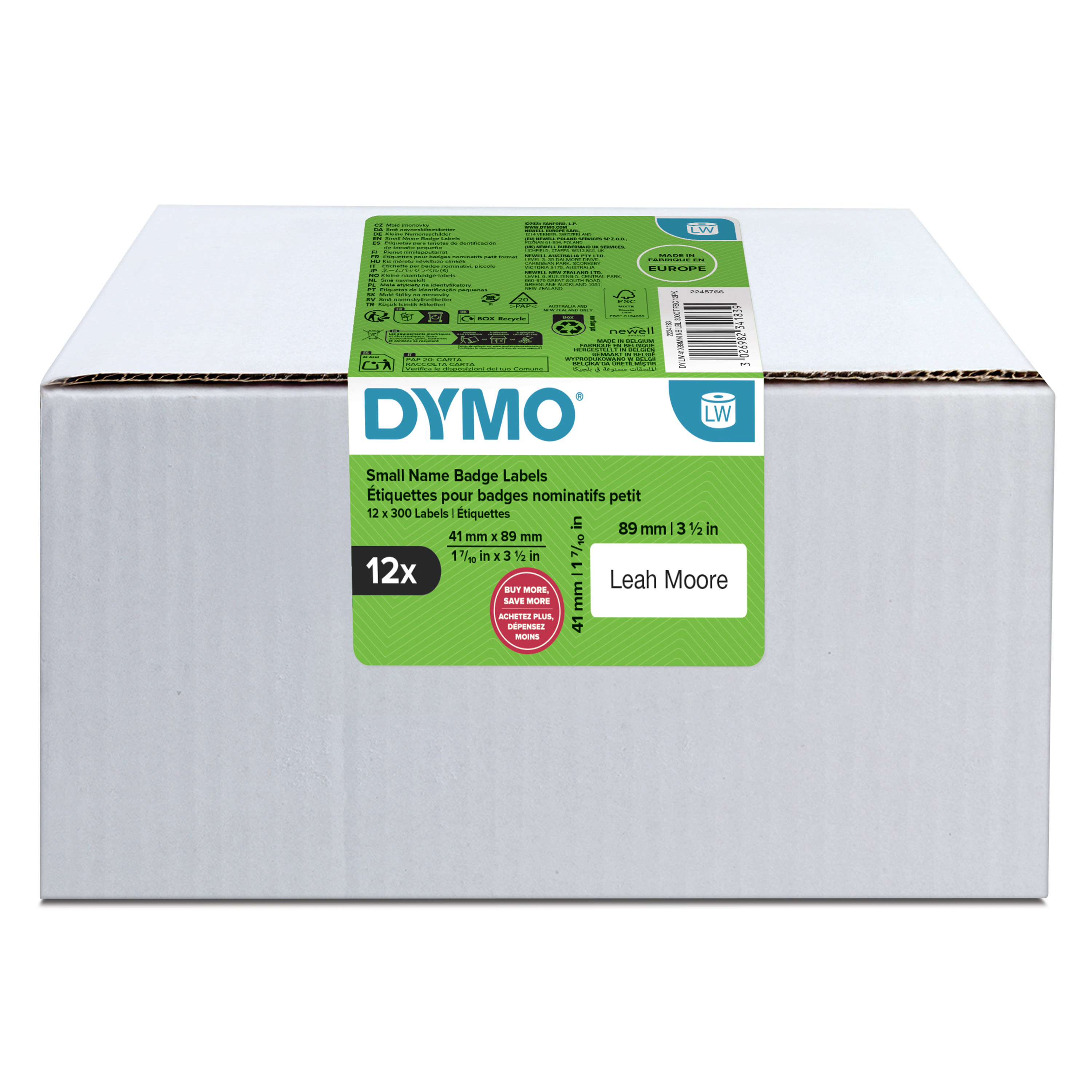 DYMO Etikettenrolle für Etikettendrucker weiß, 41,0 x 89,0 mm, 12 x 300 Etiketten
