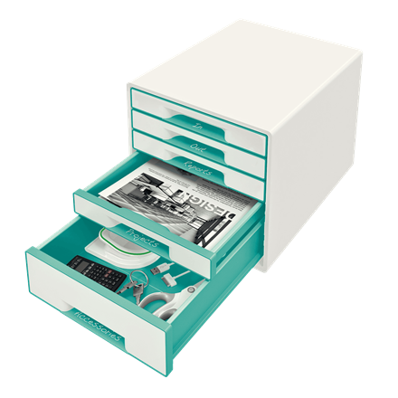 LEITZ Schubladenbox WOW Cube perlweiß/eisblau 52142051, DIN A4 mit 5 Schubladen, 1 St.