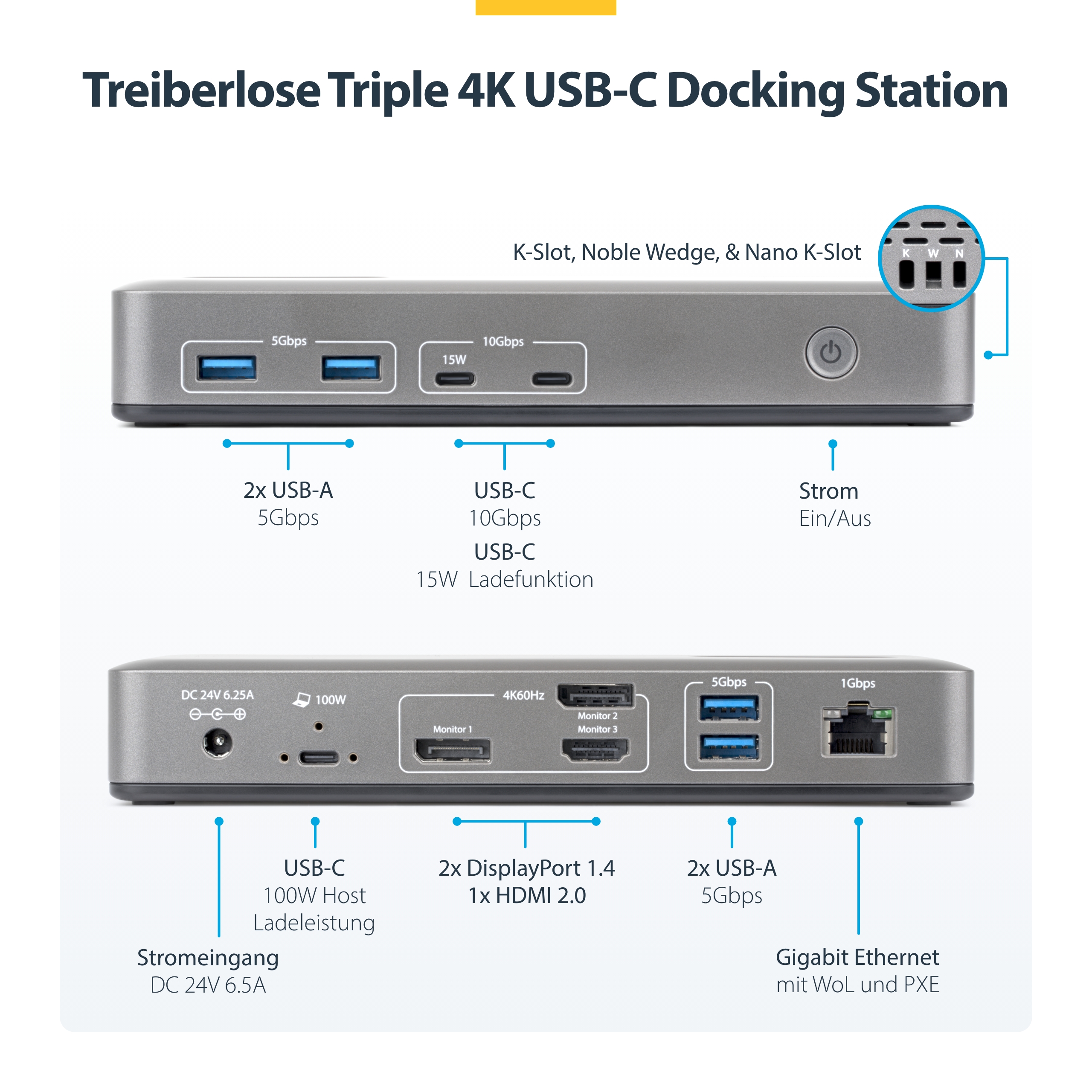 STARTECH.COM USB-C Dockingstation Dreifach 4K 60Hz MST Dock DisplayPort und HDMI 100W Power Delivery Laptop-Ladung 1GbE treiberlos W