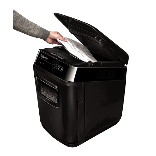 Fellowes AutoMax 200M Aktenvernichter mit Partikelschnitt P-5, 2 x 14 mm, bis 200 Blatt, schwarz