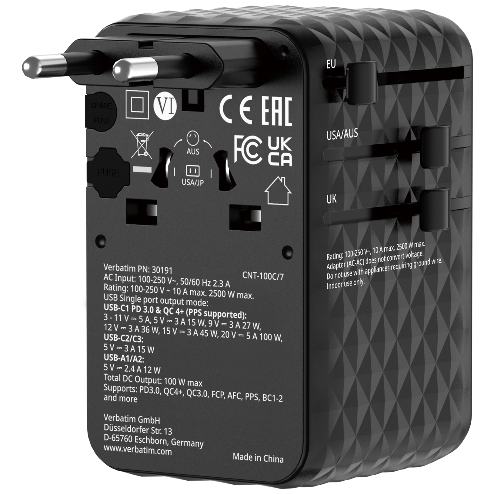 Verbatim Charge'n'Travel Adapter 100W 1C retractable black
