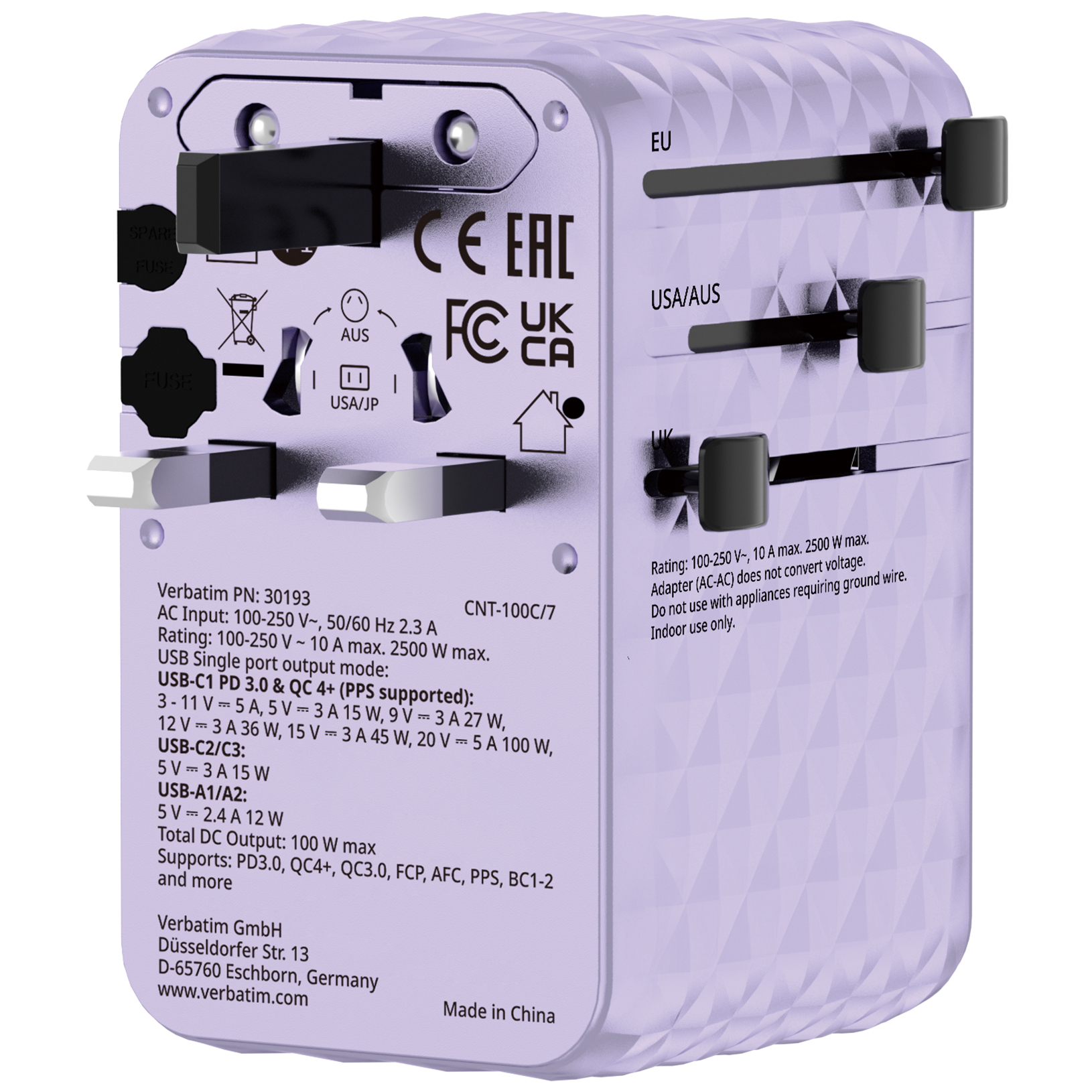 Verbatim Charge'n'Travel Adapter 100W 1C retractable purple