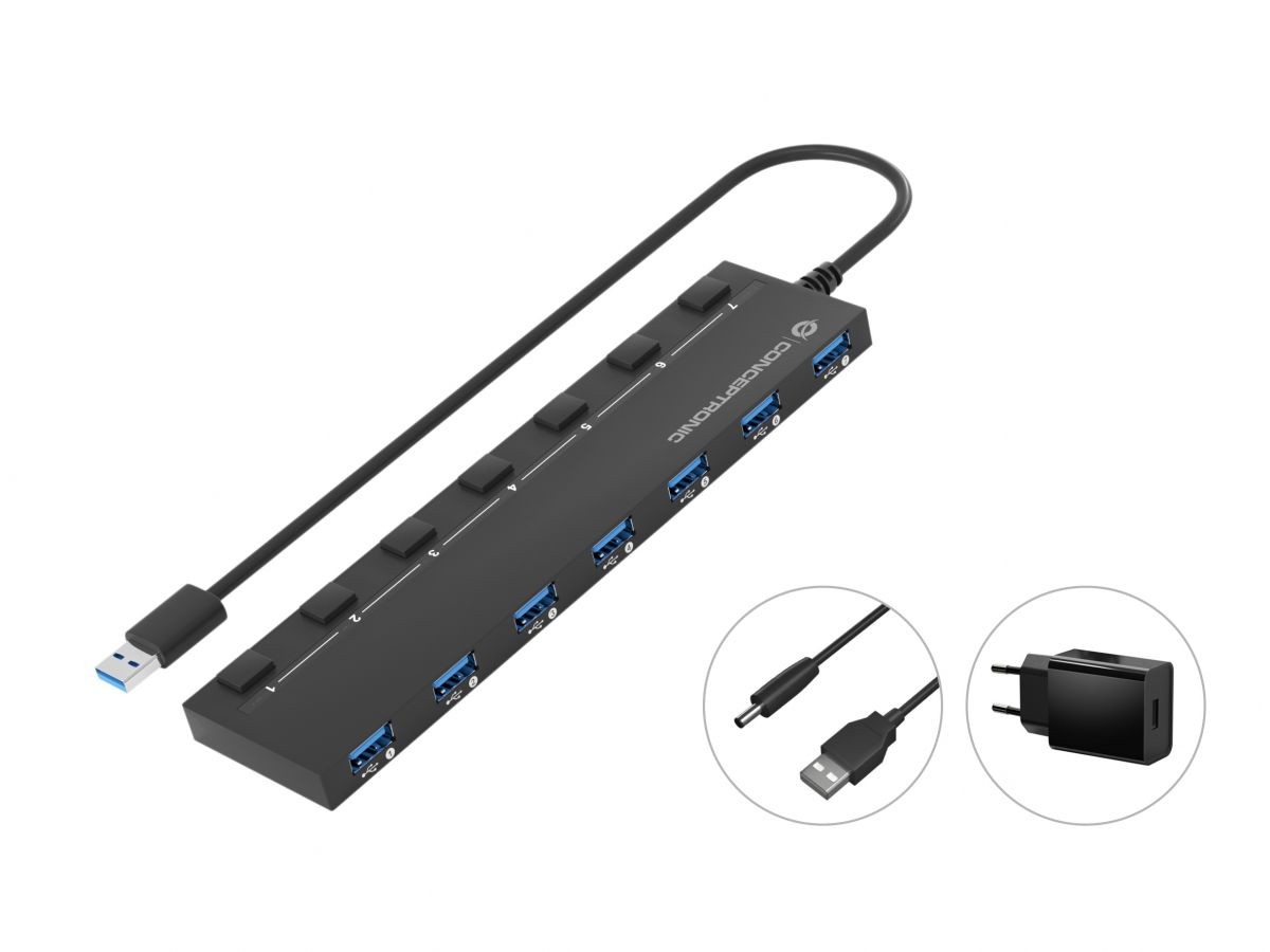 CONCEPTRONIC 7-Port Hub USB-A3.0->7xA3.2Gen1/DC m.Netz. sw