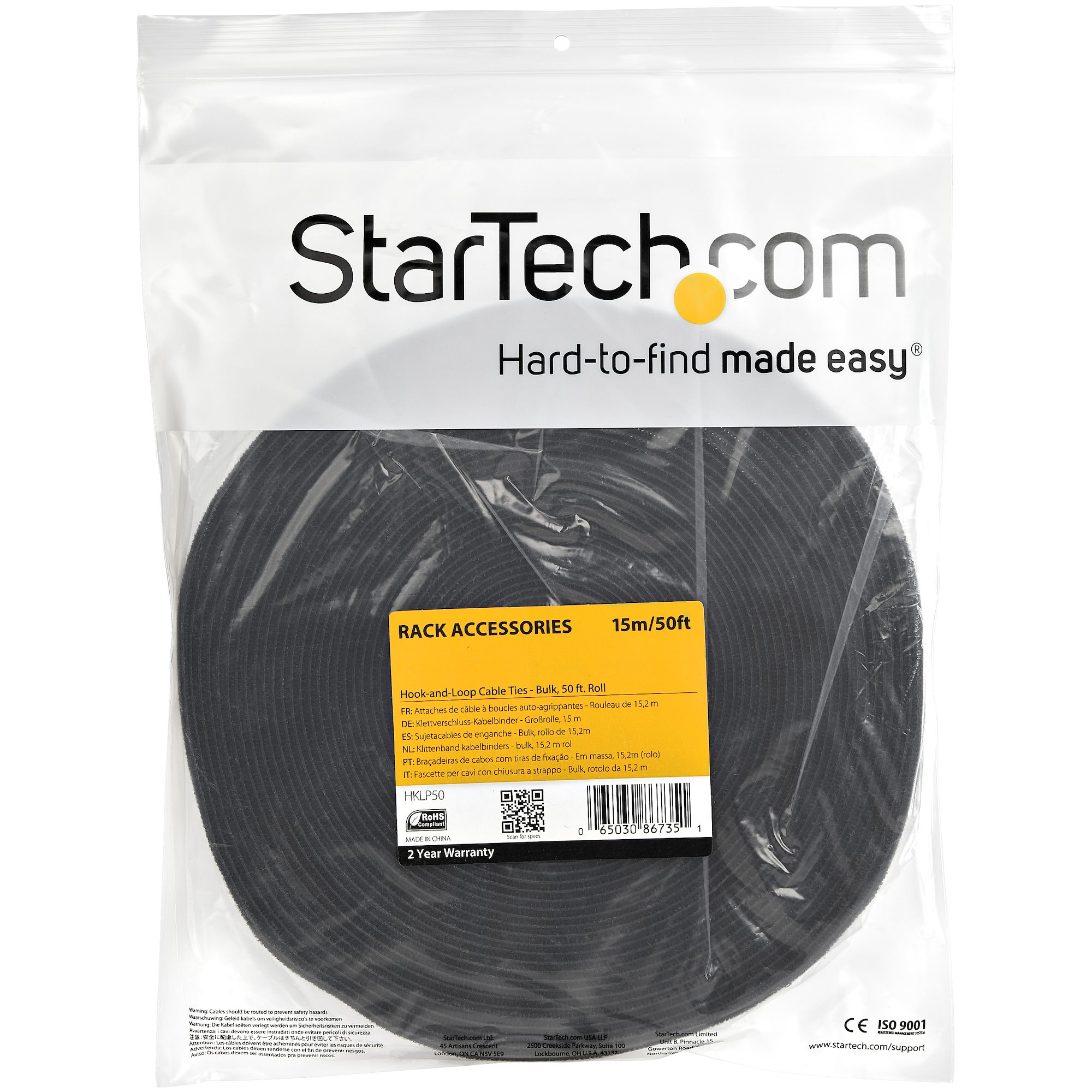 STARTECH.COM Hook-and-Loop Cable Management Tie - 50 ft. Bulk Roll - Black - Cut-to-Size Cable Wrap / Straps