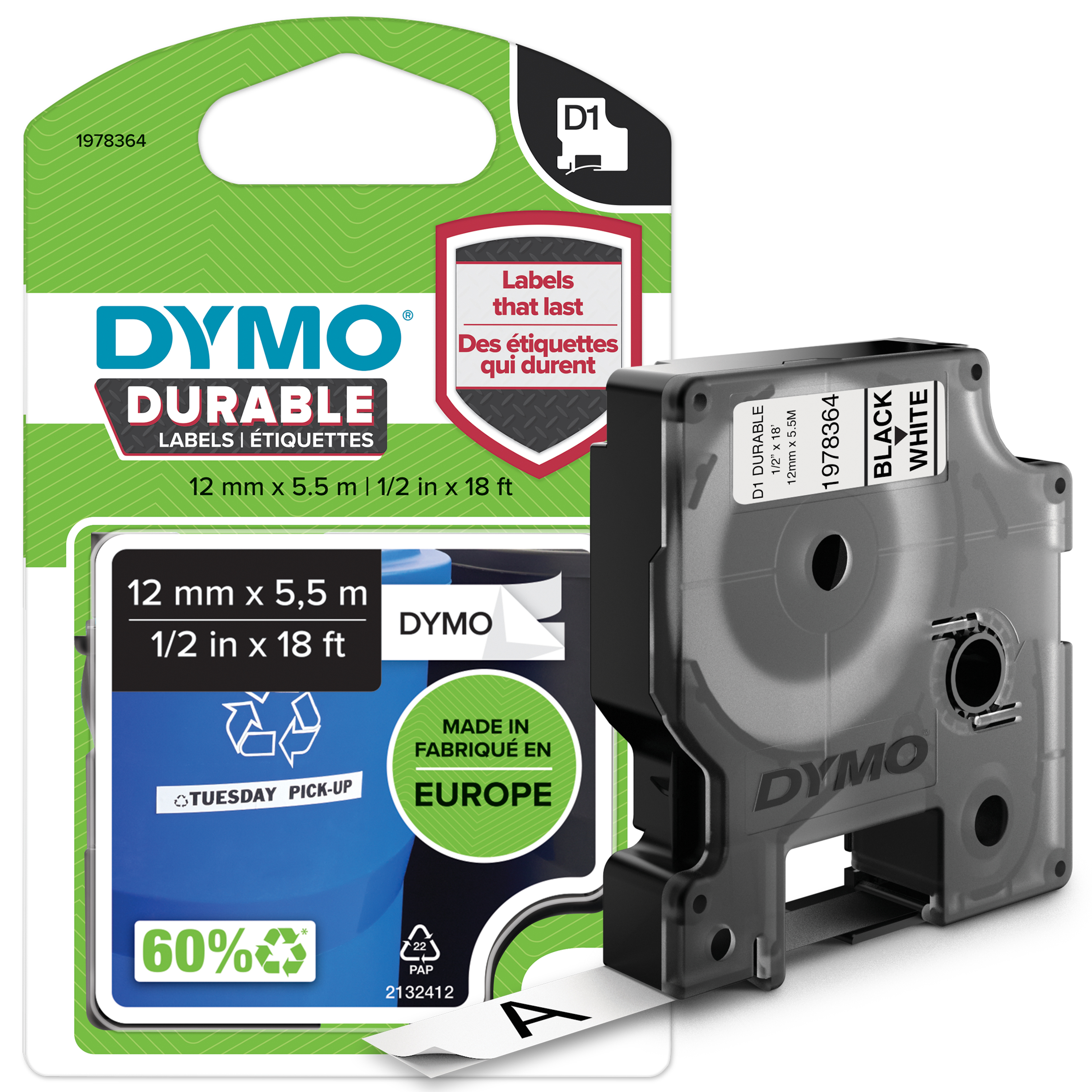DYMO D1 Schriftband Vinyl 12mmx5.5m schwarz->weiß