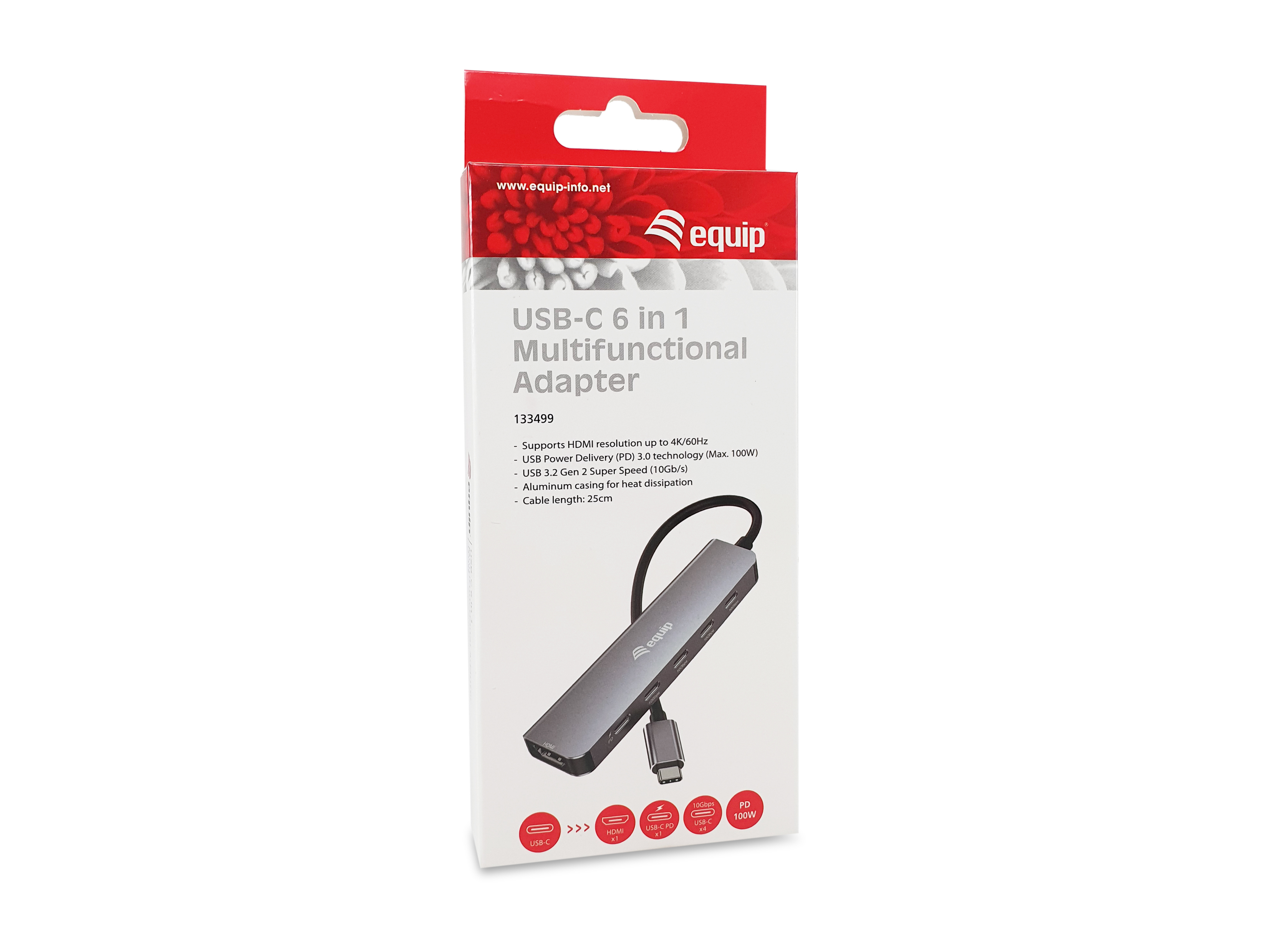 Equip Adapter USB-C->HDMI/3xUSB-C/USB PD 4K/ 60Hz 0.25m Alu.