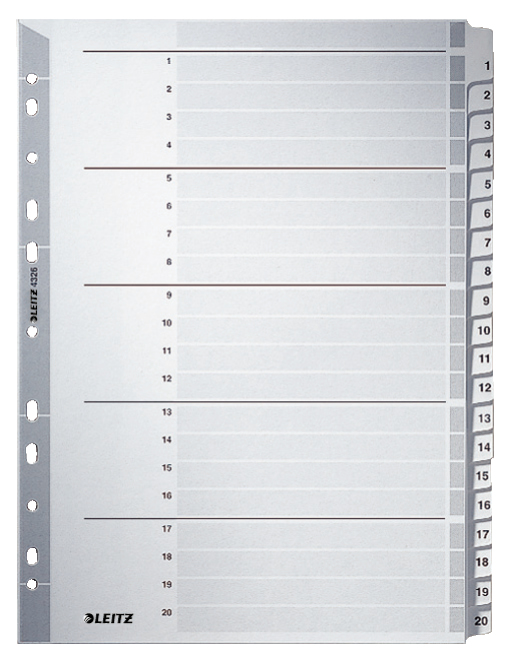 LEITZ Ordnerregister DIN A4 Vollformat 1-20 grau 20-teilig, 1 Satz