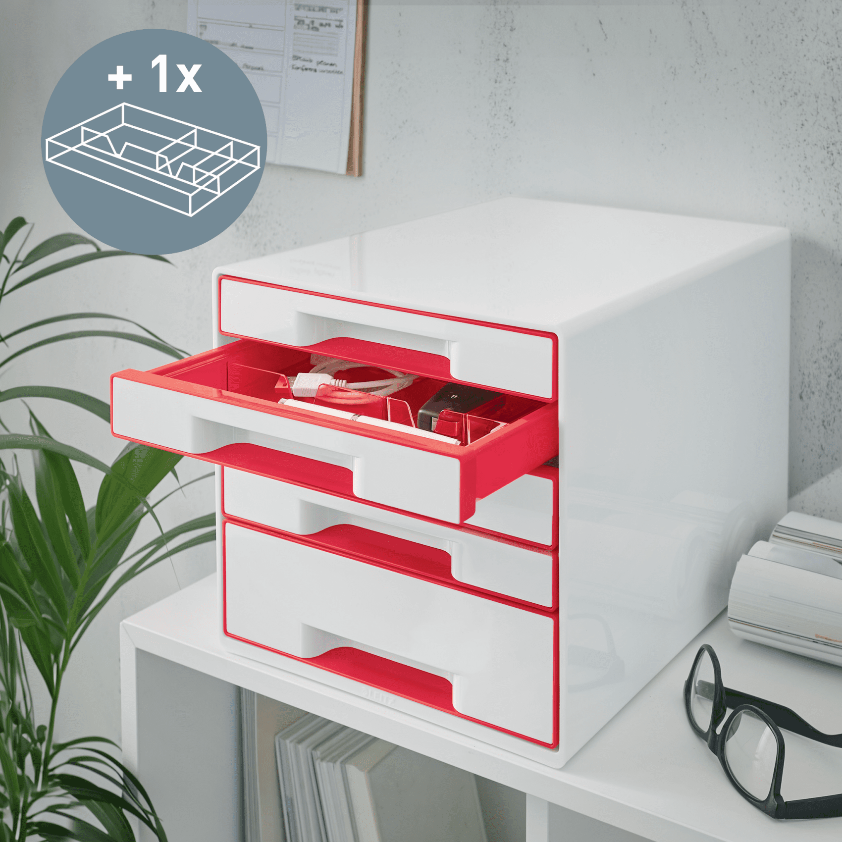 LEITZ Schubladenbox WOW Cube perlweiß/rot 52142026, DIN A4 mit 5 Schubladen, 1 St.