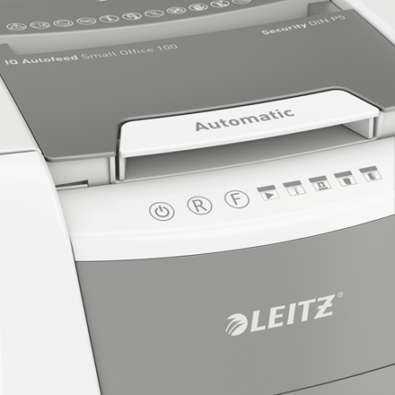LEITZ IQ Autofeed Small Office 100 Aktenvernichter mit Partikelschnitt P-5, 2 x 15 mm, bis 100 Blatt, weiß