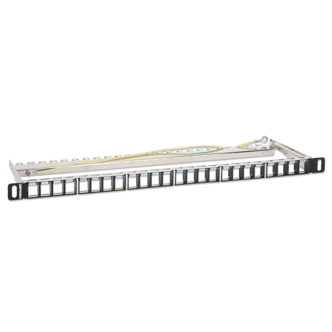 INTELLINET 24-Port Patchpanel geschirmt und unbestückt 0,5 HE Leerpanel zur 48,26 cm 19-Zoll-Rackmontage für Keystone-Jacks schwarz