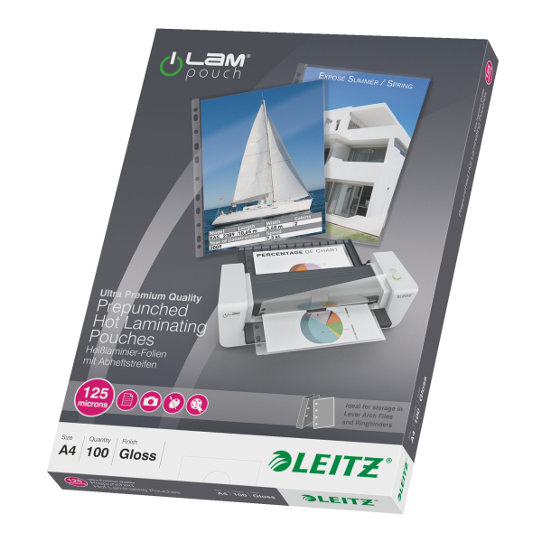 LEITZ Laminierfolien glänzend für A4 125 micron Universal-Lochung, 100 St.
