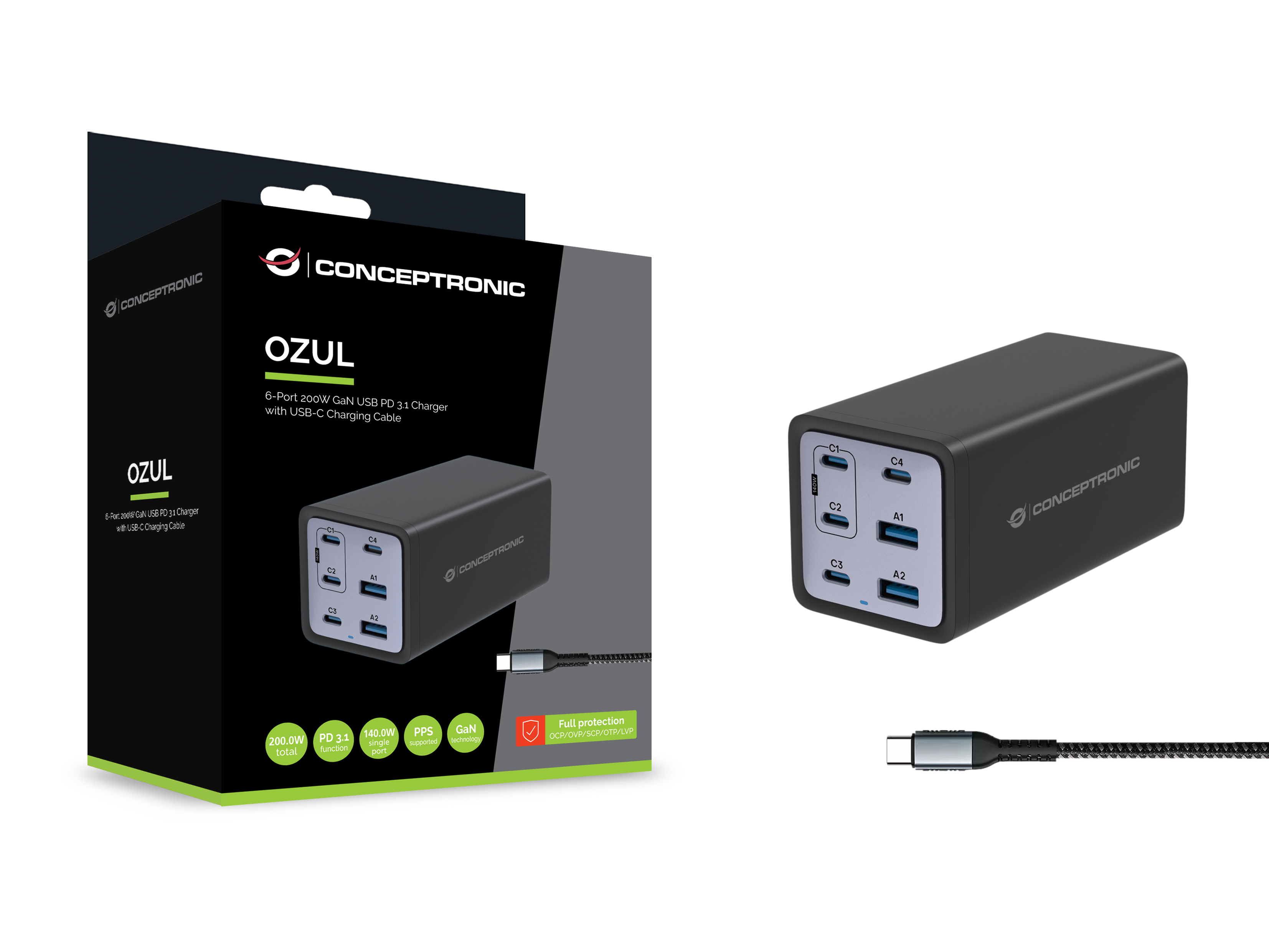 CONCEPTRONIC Ladegerät 6Port GaN 4xUSB-C/2xA200WPD3.1/PPS sw