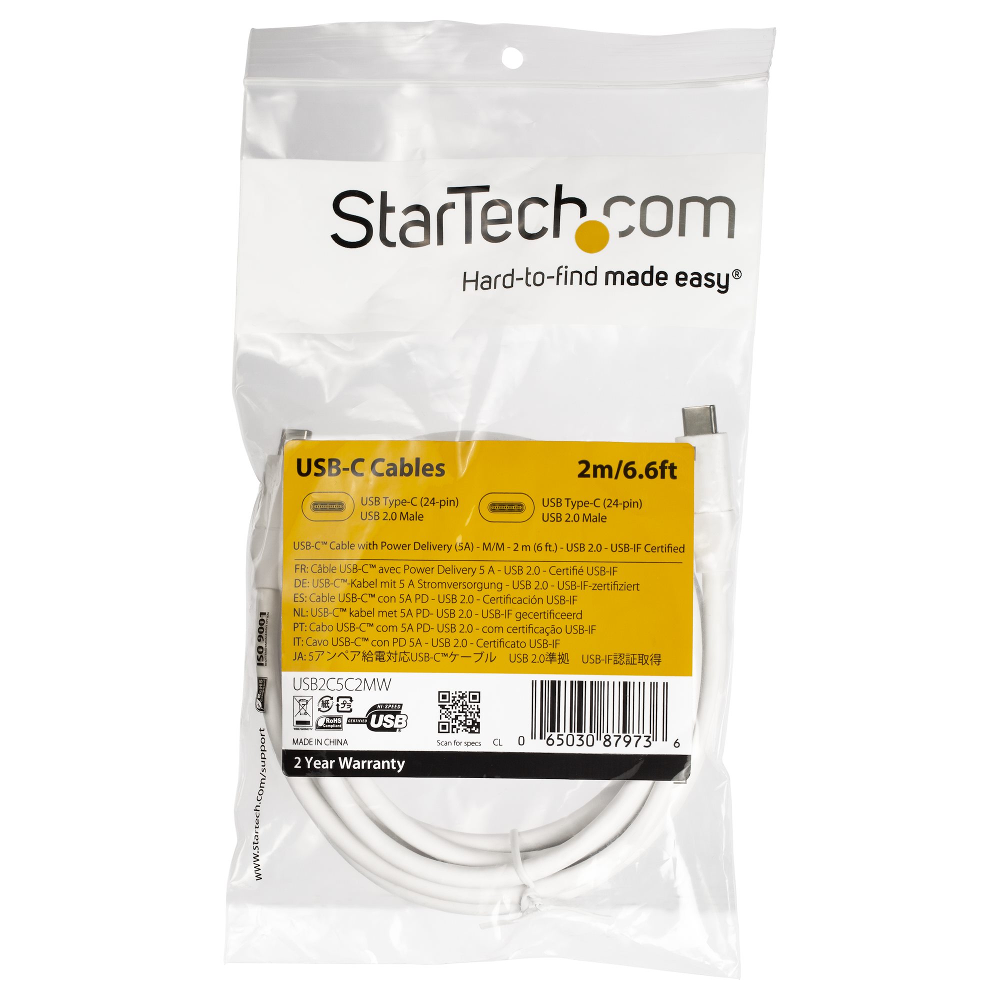 STARTECH.COM USB-C auf USB-C Kabel mit 5A Power Delivery - St/St - Weiss - 2m - USB 2.0 - USB-IF zertifiziert - USB Typ C Kabel