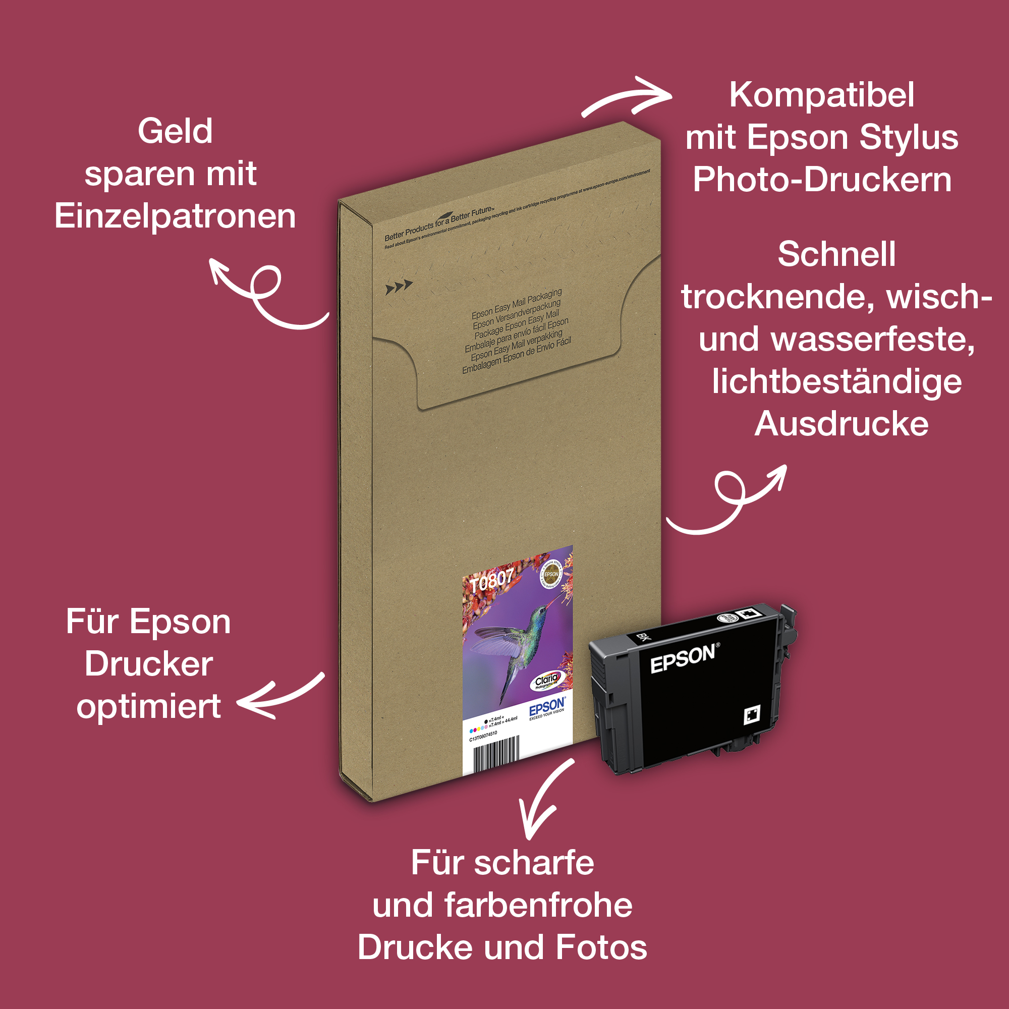EPSON 3LB T0807 ink cartridge black and five colour standard capacity black and colour: 7.4ml 6-pack online packaging