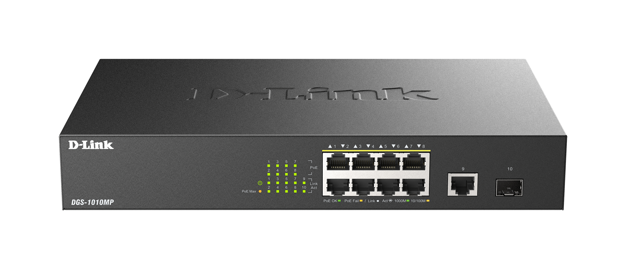 D-LINK DGS-1010MP 10-Port Layer2 PoE+ Gigabit Switch 8x 10/100/1000 Mbps PoE+ 1x 10/100/1000 Mbps 1x SFP PoE Power Budget: 125W