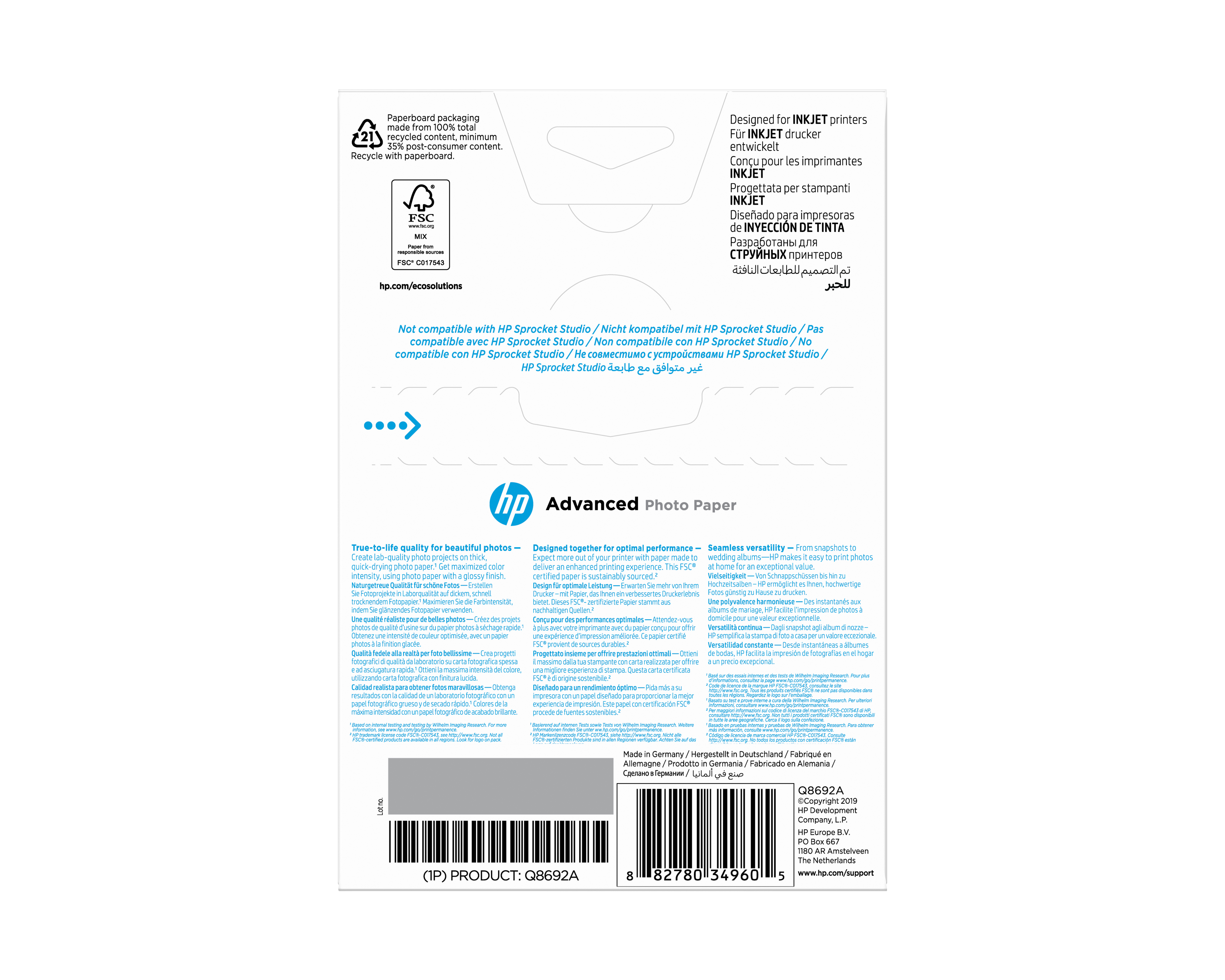 HP original Q8692A Advanced glossy photo paper Ink cartridge 250g/m2 100x150mm 100 sheets 1-pack borderless