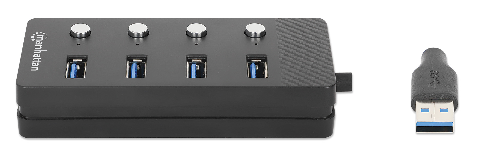 MANHATTAN 4-Port USB 3.0 Hub USB-A-Stecker auf 4x USB-A-Buchsen 5 Gbit/s 1,5 m Kabel Schalter für jeden Port Strom über USB/Netzteil